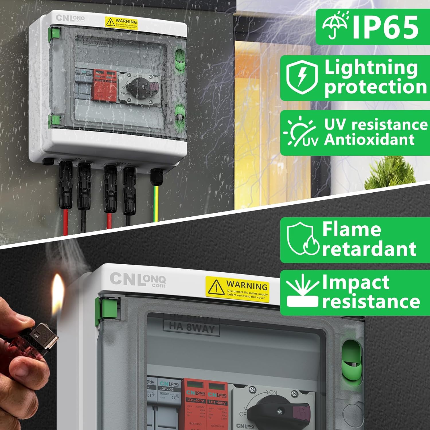 IP65 Solar PV Combiner Box DC1000V 32A Circuit Breaker with Surge Protector and 15A PV Fuses, 1in 1out Disconnect Switch Outdoor Waterproof for Solar Panels System