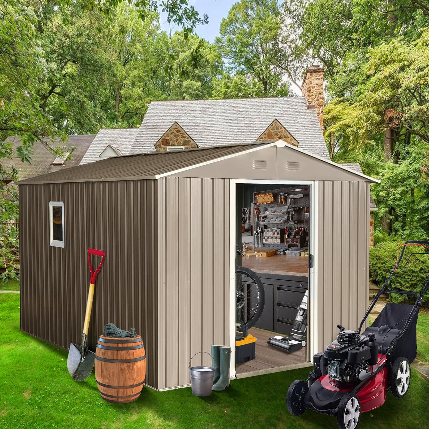8x10FT Outdoor Metal Storage Shed with Metal Foundation, Garden Tool House for Garden, Patio, Backyard, Lawn (Grey+Window)