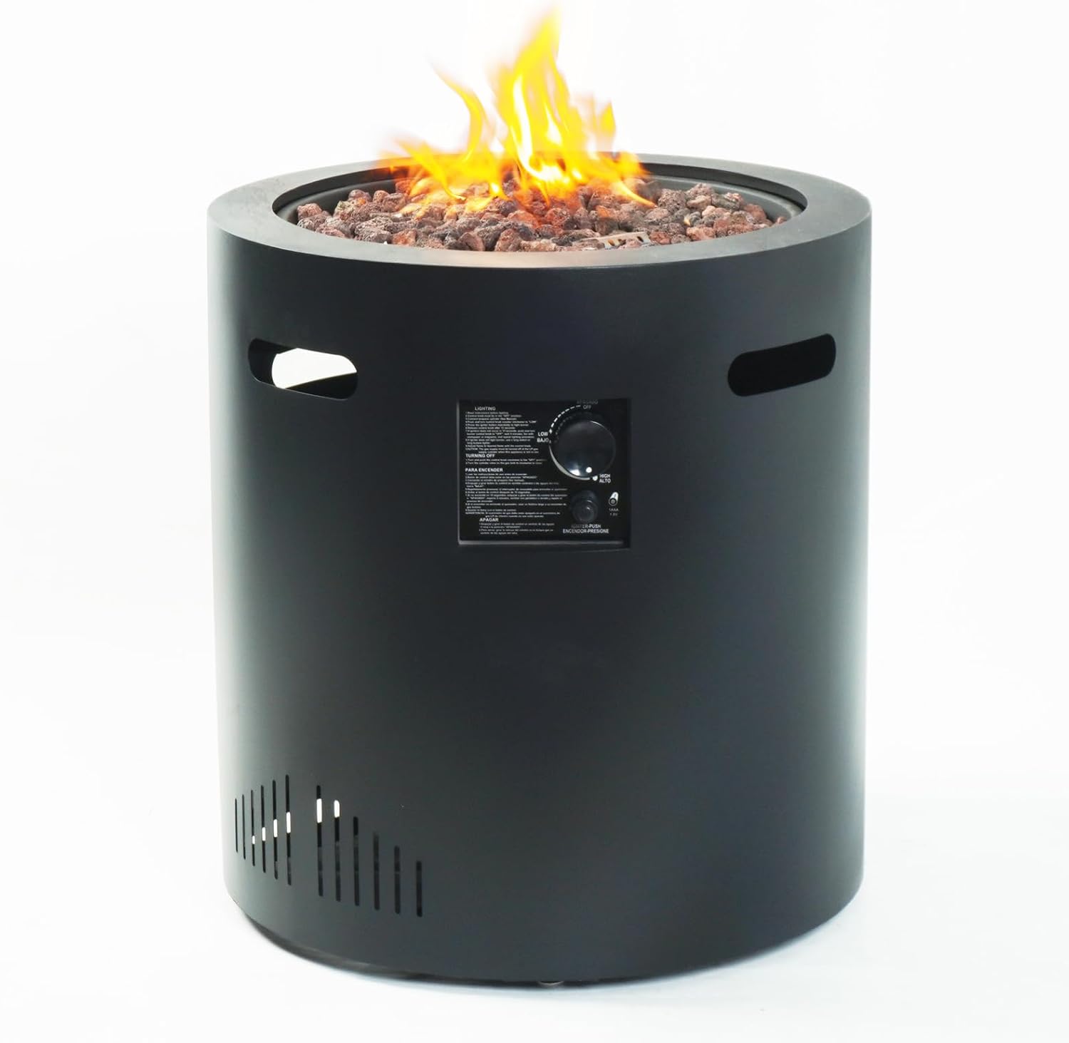 Outdoors 23 inch Steel Gas Fire Pit, Outside Propane Fire Column, Round Fireplace with Lava rocs and PVC Cover for Backyard, Garden and Terrace,Black