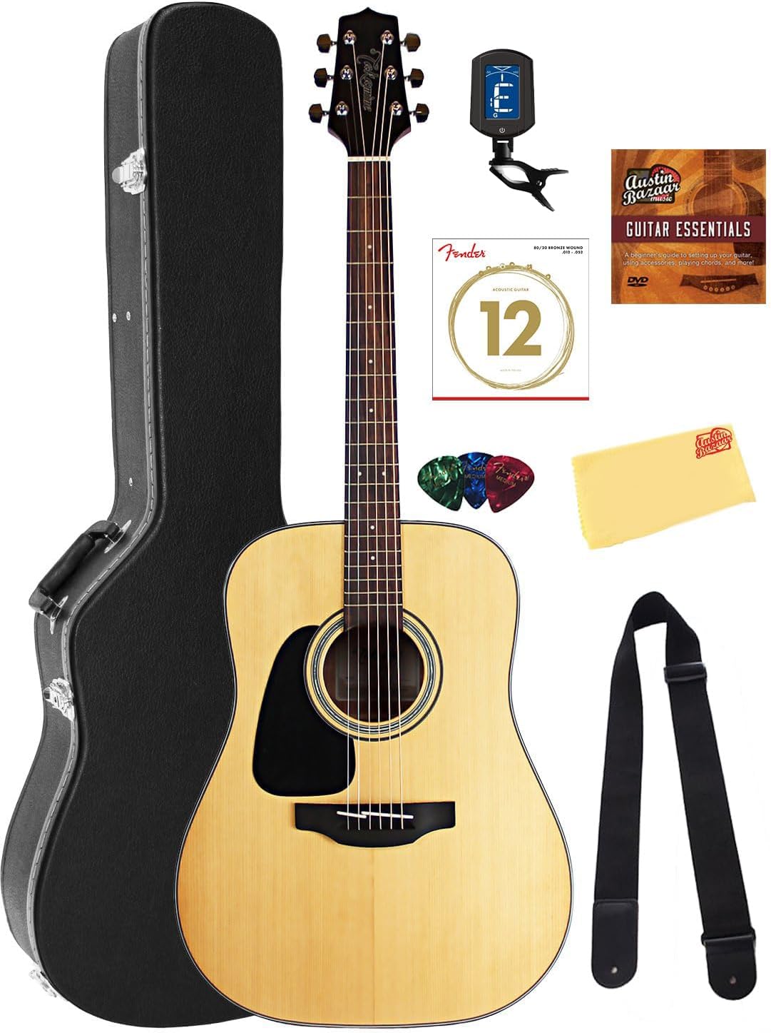Takamine GD30LH Dreadnought Acoustic Guitar, Left Handed - Natural Bundle with Hard Case, Tuner, Strap, Strings, Picks, Austin Bazaar Instructional DVD, and Polishing Cloth