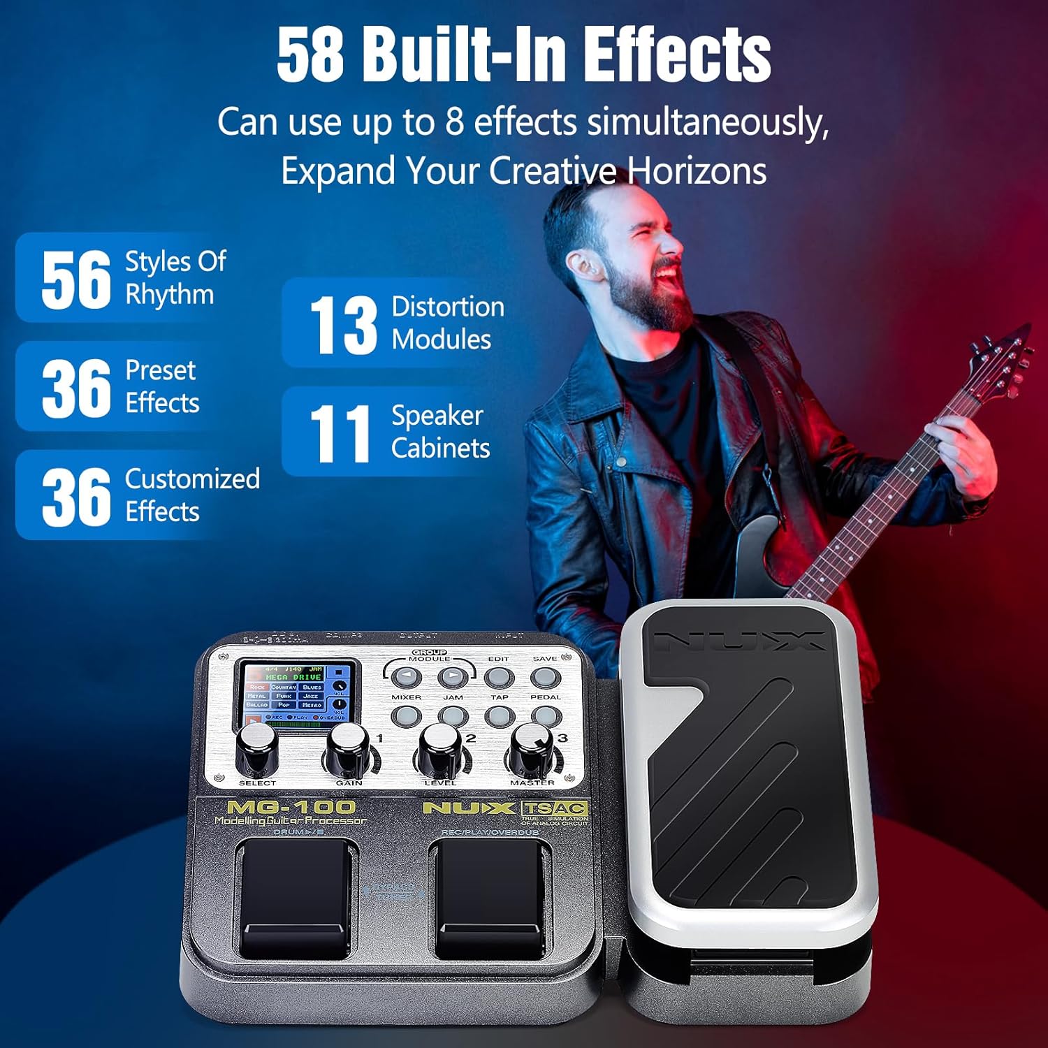 MG-100 Professional Multi Effects Guitar Pedal, Electric Guitar Effects Pedal with 58 Effects, Guitar Effects Processor with Wah Pedal for Sound Di Box Electric Guitar Bass Loop Amplifier Tube Pedal