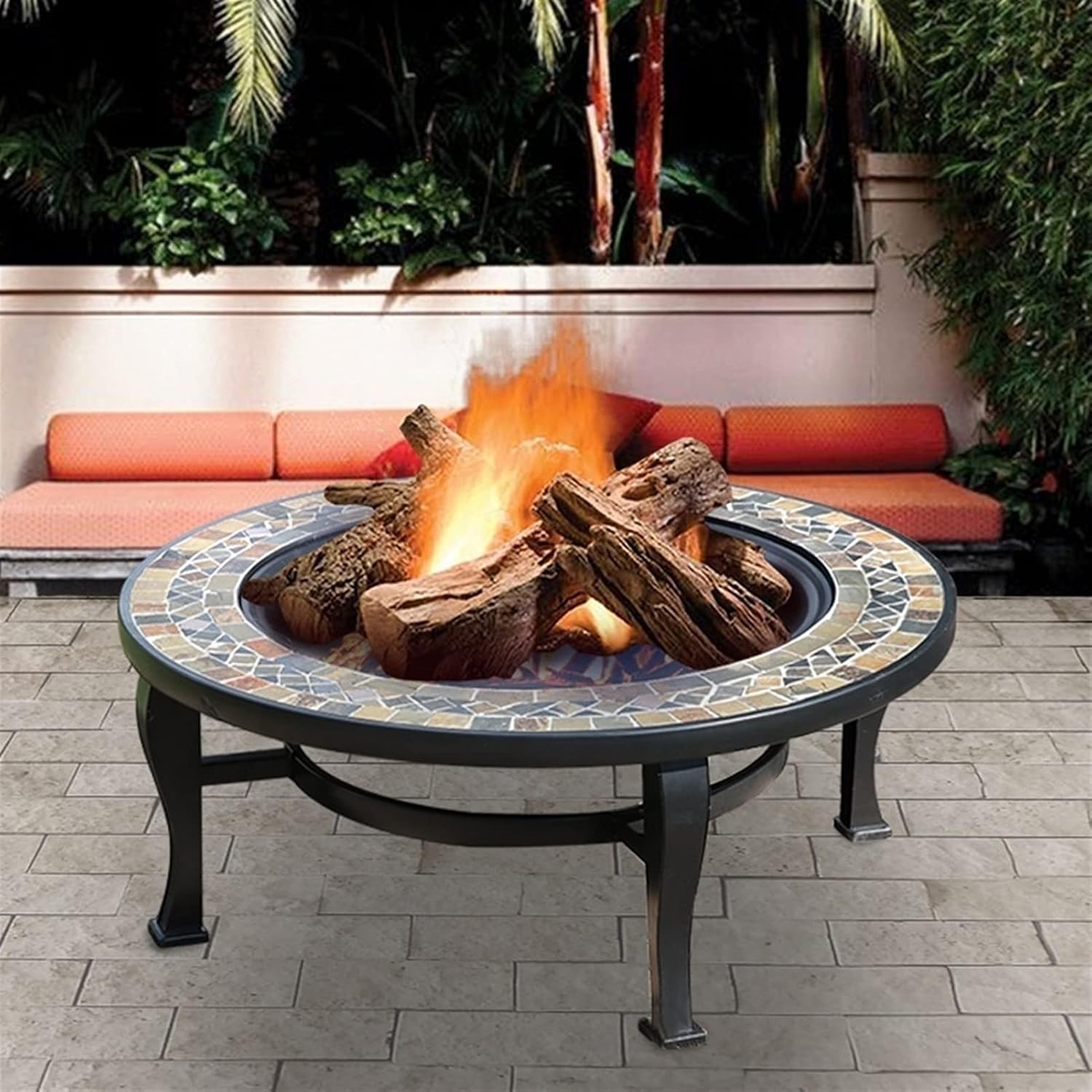 Fire Pits Outdoor Round Outdoor Wood-burning Fire Bowl, Portable Campfire Pit, 86cm Large Garden Barbecue Table, with 4 Stools