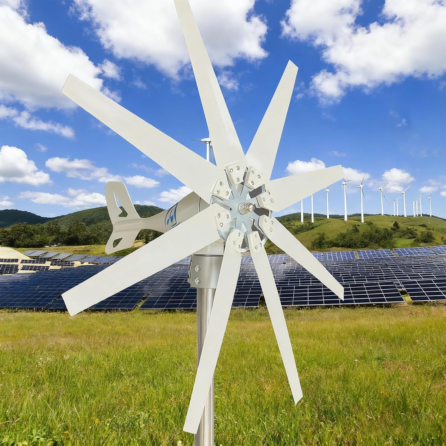 400W DC 12V/24V/48V/110V/220V Wind Generator 8-Blade Wind Turbine Kit with Wind Solar Hybrid Controller for Home Energy Integration 48V