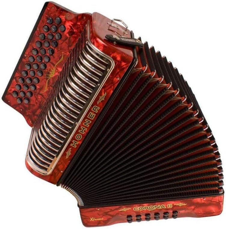 Hohner Corona Xtreme II 34 Pearloid, 31 Treble and 12 Standard Bass Buttons Bisonoric Accordion with Diatonic Class and 2 Voices MM (FBbEb Keys, Pearl Red)
