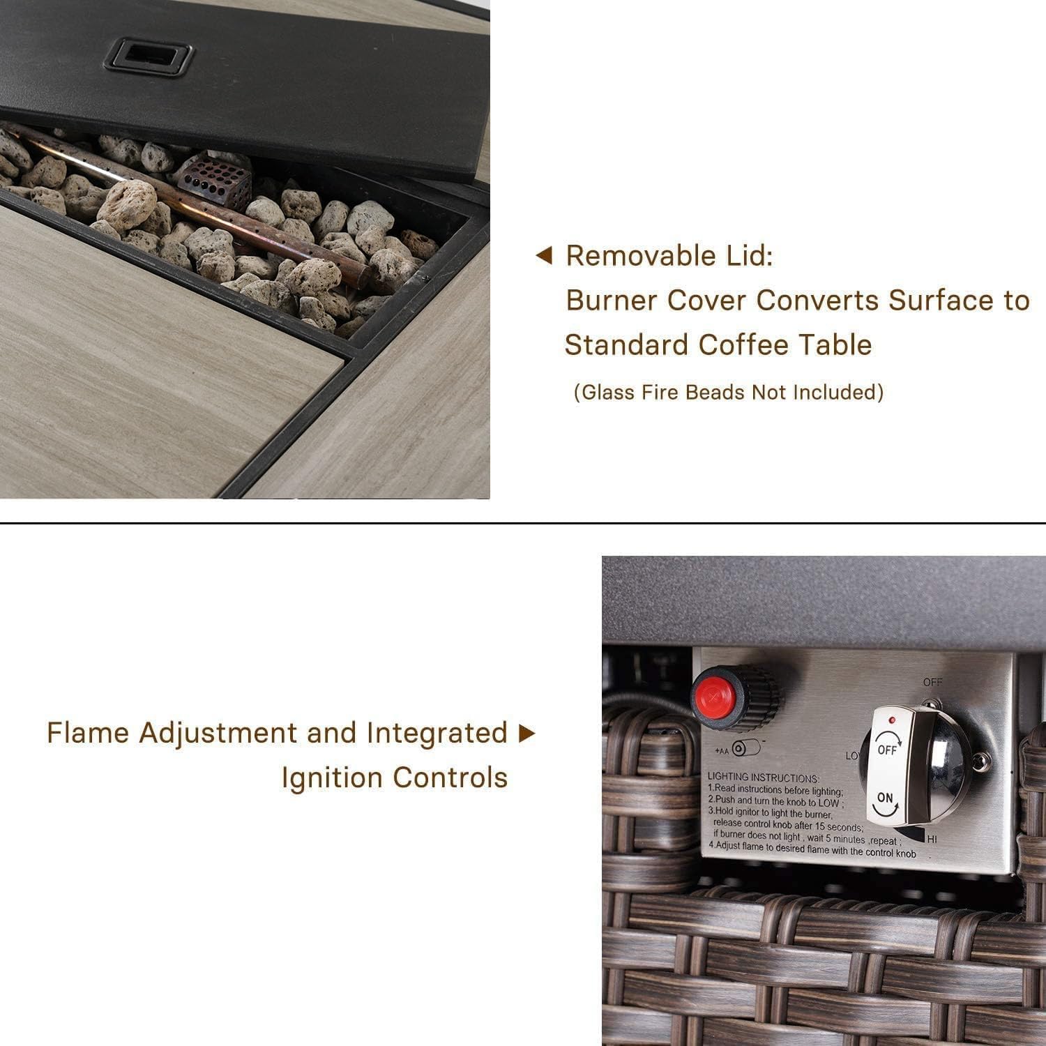 Grand patio Outdoor Propane Fire Pit Table with Cover/Lid for Patio, 43 inch 60,000 BTU,Wicker/Rectangle