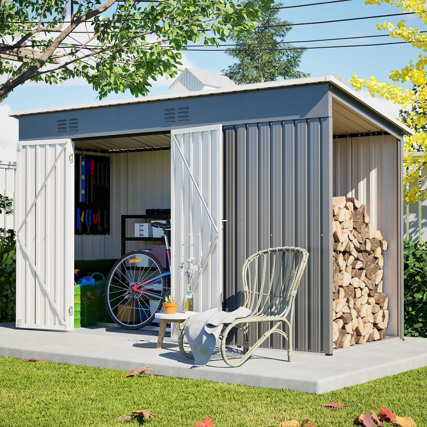 Outdoor Storage Shed, 10 X 4 FT Large Metal Utility Tool Sheds with Floor Base & Wood Storage, Steel Garden Shed with Updated Frame Structure for Backyard Patio Lawn, Grey