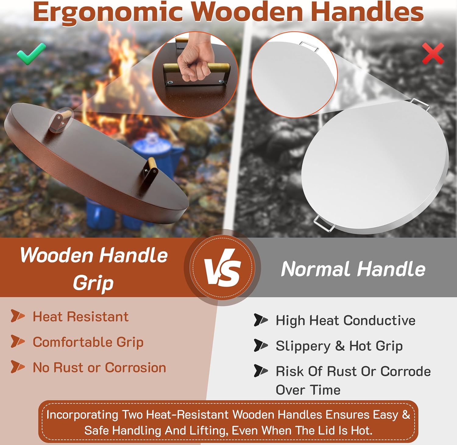 25.5” firepit lid round for inside up to 23” gas fire pit lid for Outdoor Fireplace Cover Lid Steel fire pit metal cover W/ Wooden Handle & Bronze Coated Snuffer Lid for Round Patio Fire Pit Ring