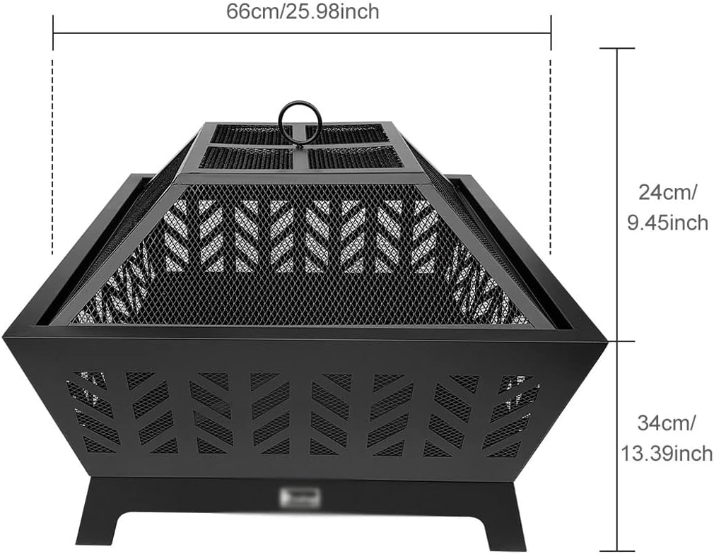 Outdoor Patio Wood Fire 4-Corner Pits 26 Inch Heater Stove with Flame-Retardant Spark Guard Black