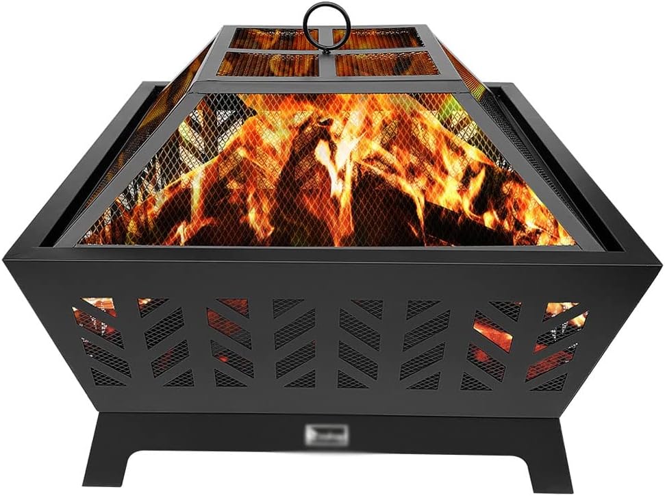 Outdoor Patio Wood Fire 4-Corner Pits 26 Inch Heater Stove with Flame-Retardant Spark Guard Black