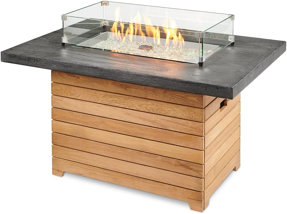 Outdoor GreatRoom Co Propane Fire Pit Table - Darien Gas Fire Pits for Outside Patio - 44 Inch Rectangular Everblend Concrete Firepit Fire Table, Wood Base, Glass Tabletop Cover, 55,000 BTU - Grey
