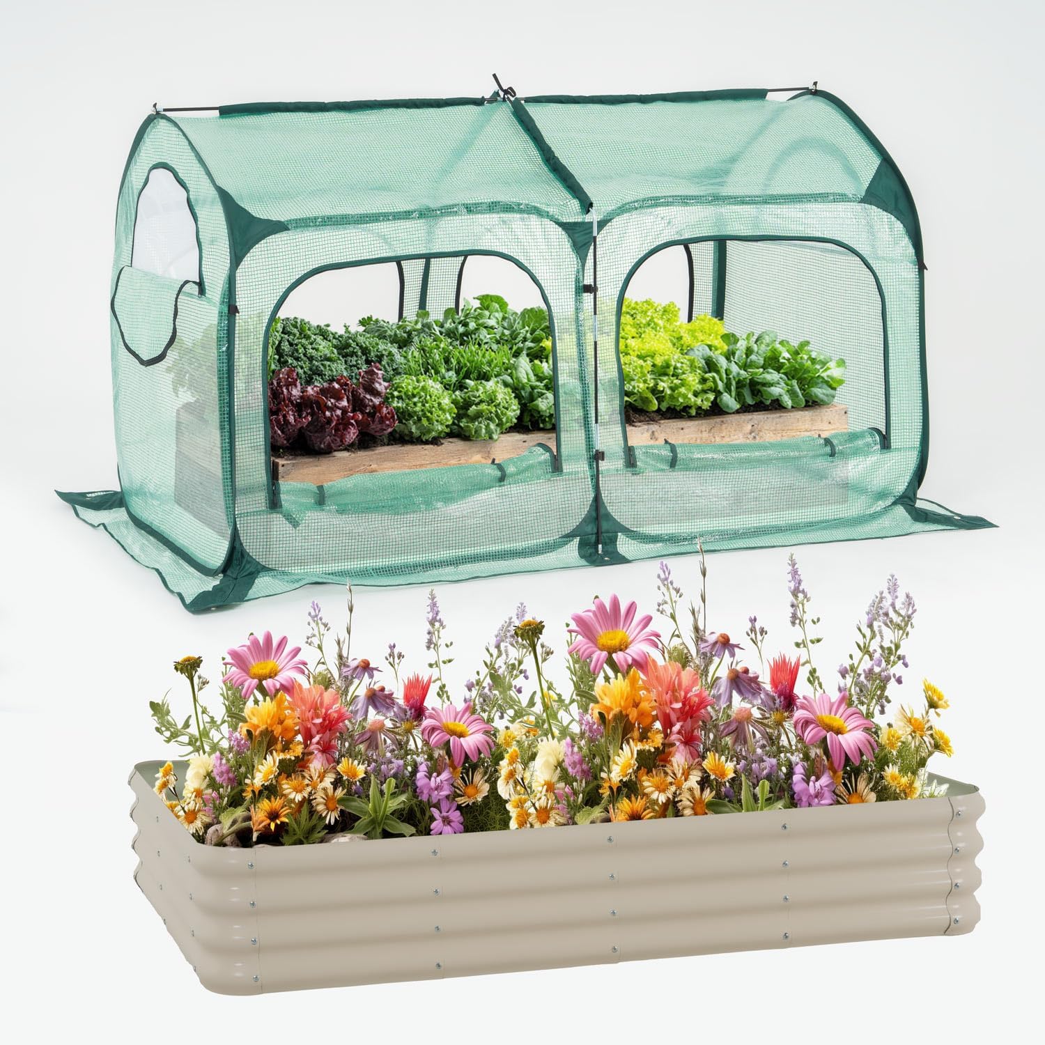 porayhut Pop up Tunnel Greenhouse Cover Plant Tent with 8x4FT Riased Garden Bed Set,Raised Planter Box