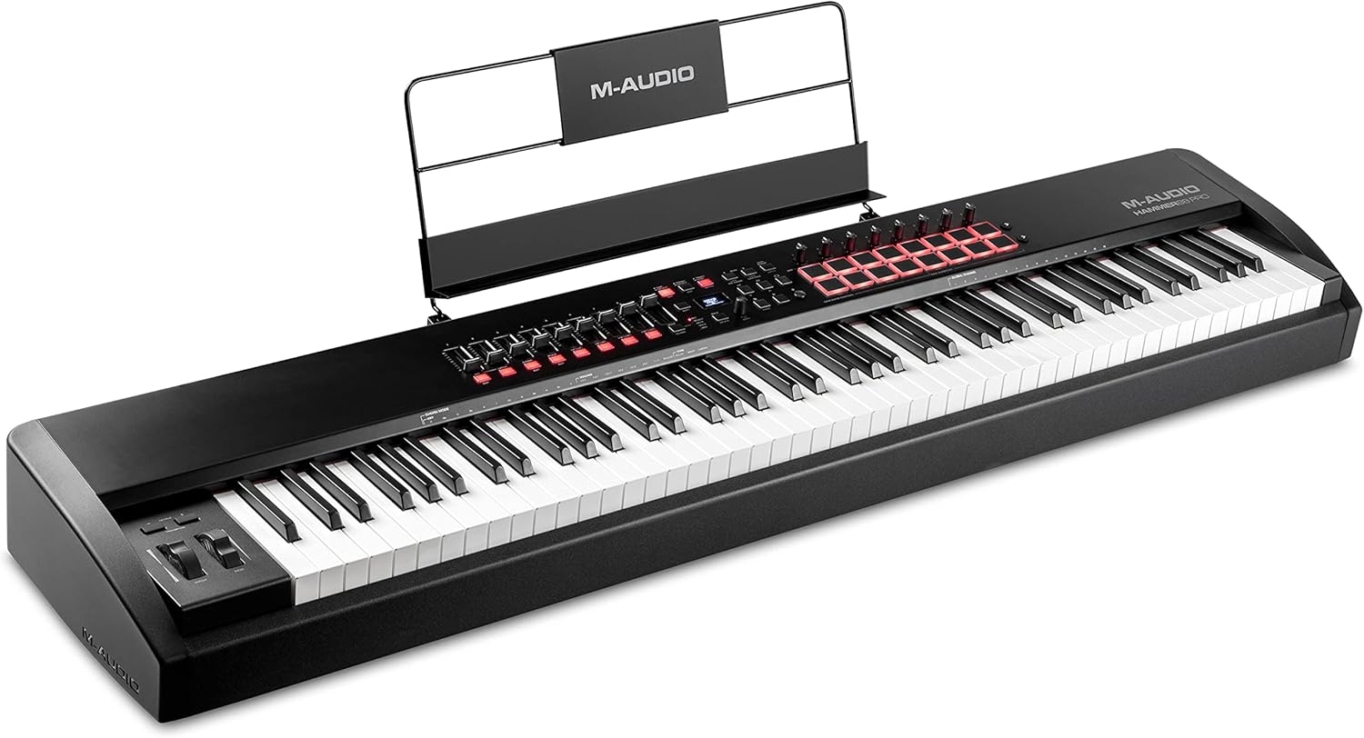 M-Audio Hammer 88 Pro – 88 Key USB MIDI Keyboard Controller With Piano Style Weighted Hammer Action Keys, Beat Pads & Height, Foam Padded Arms, Digital Piano Stand, Fits 54-88 Key Electric Pianos