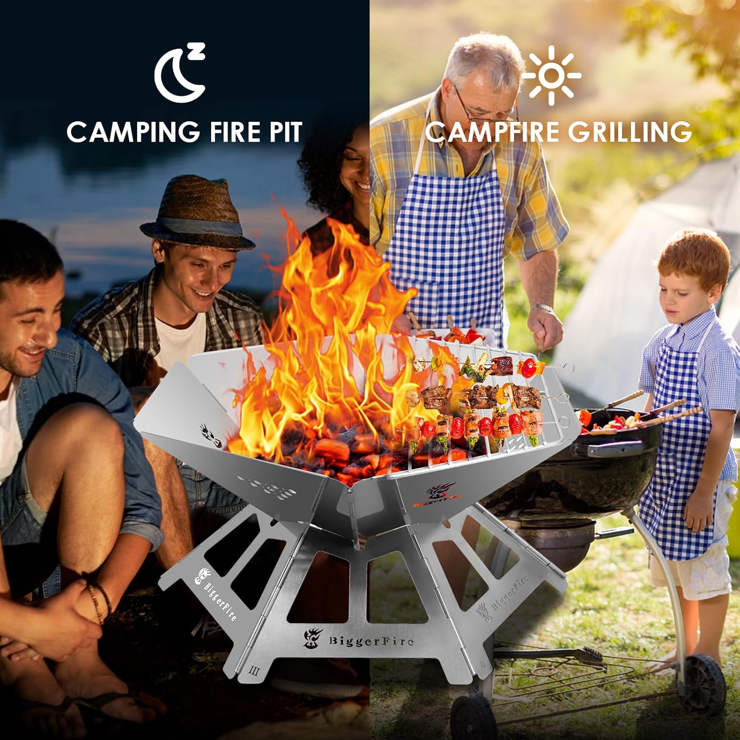 Foldable Portable Fire Pit,Stainless Steel Fire Pits with Charcoal Grill Net and Storage Bag and Firewood Carrier Bag 38x18 Inches Waxed Canvas Log Carrier Tote