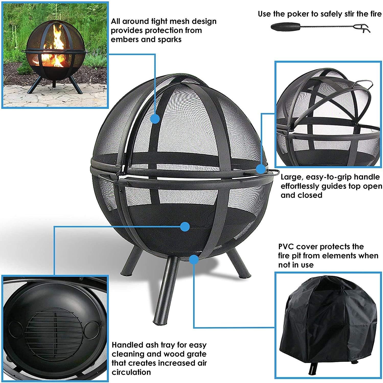 Garden Fire Pit Grill Bowl Grill Barbecue Rack Fire Pit, Multifunctional Fire Pit Outdoor 30 Inch Round Wood Burning Backyard and Patio Firepi for Camping Picnic Garden,Outdoor Fire Pits