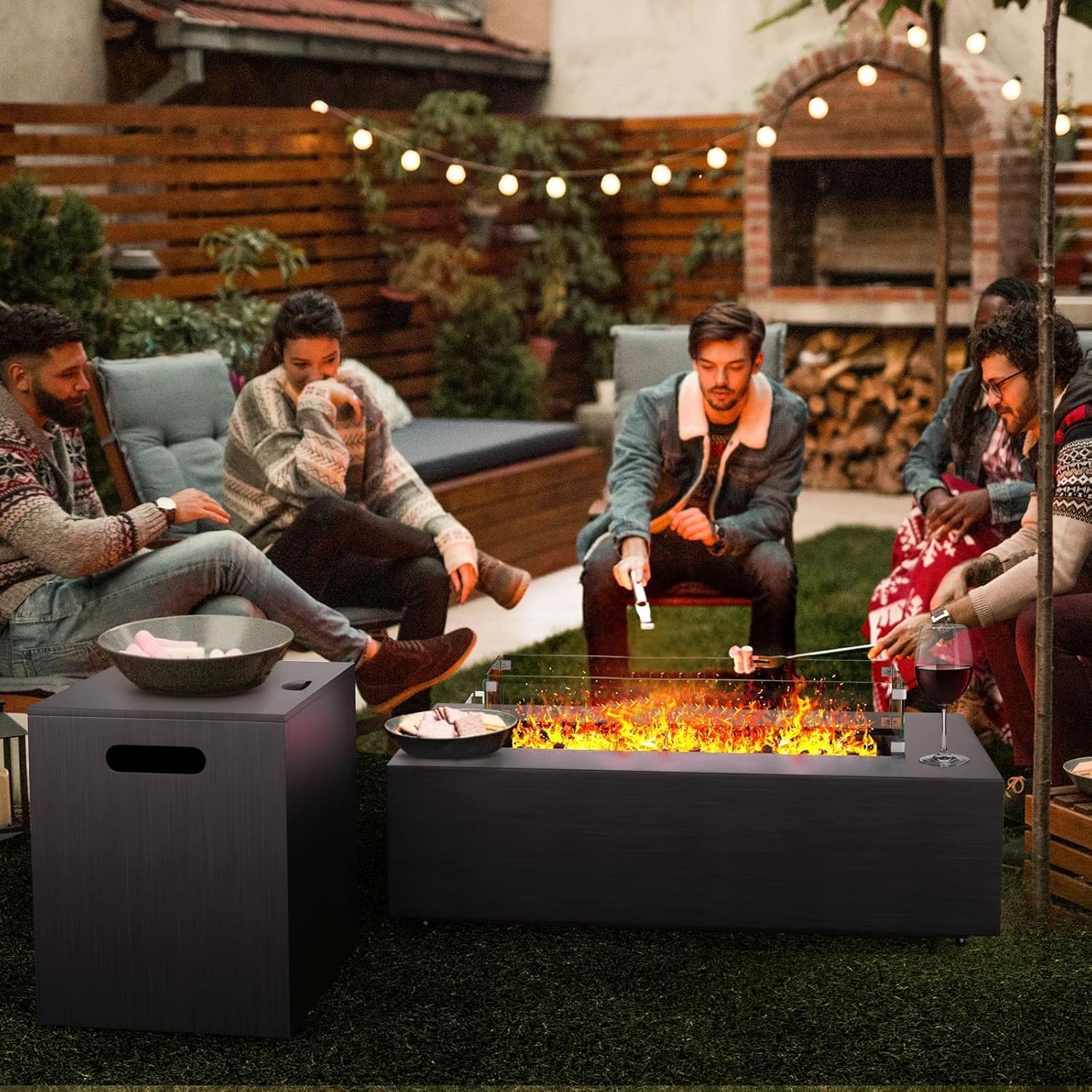 42in Fire Pit Table Propane Fire Pit 2 Piece Rectangular Gas Fire Pits 50,000 BTU with Wind Guard Propane Tank Cover Table Lava Rocks for Outdoor Outside Patio