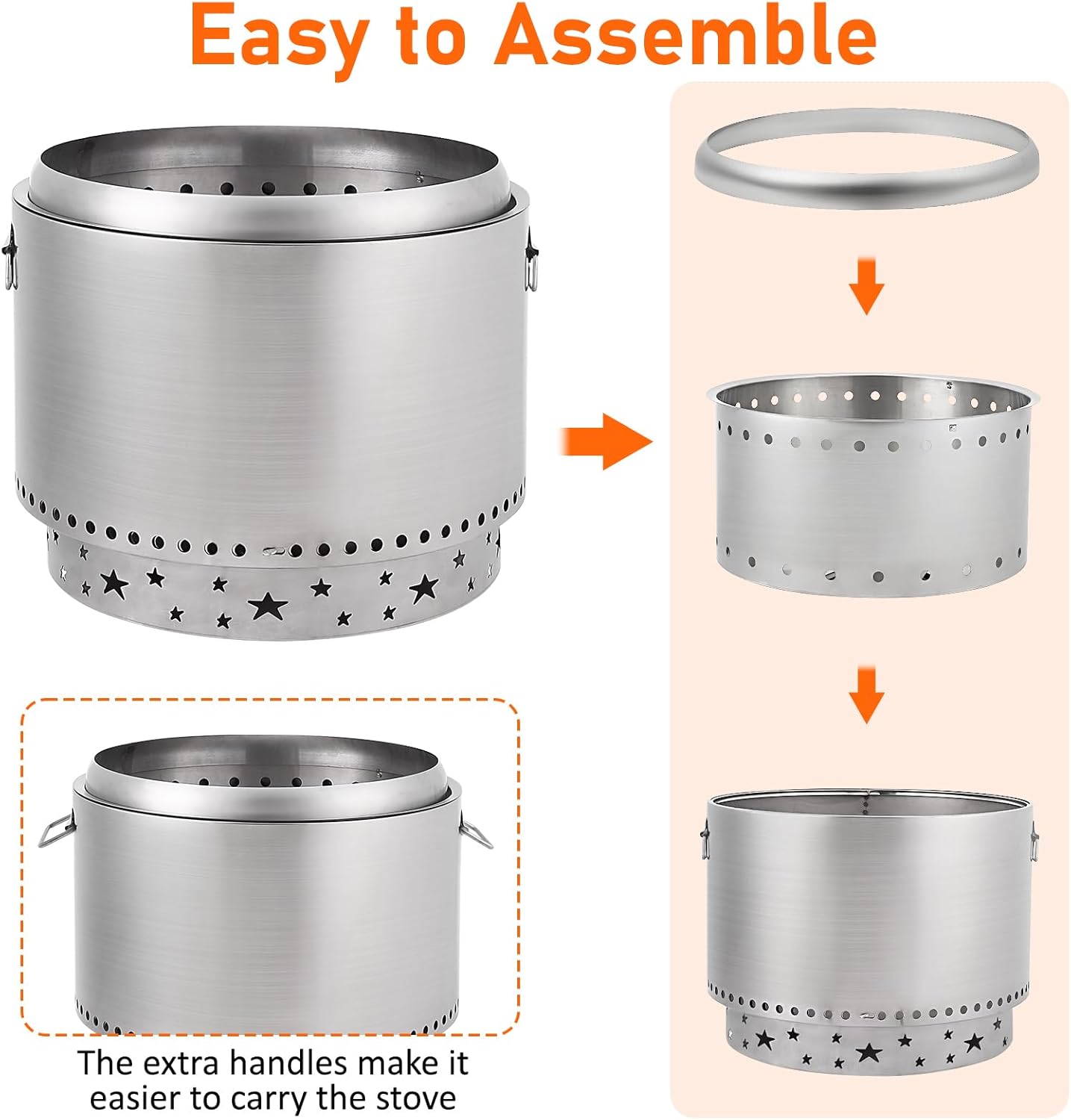 GarveeLife Smokeless Fire Pit 20.5', Portable Fire Pit with Stand, Handles Design, Stainless Steel Stove Wood Burning, Removable Ash Pan, for Camping, Garden, Backyard