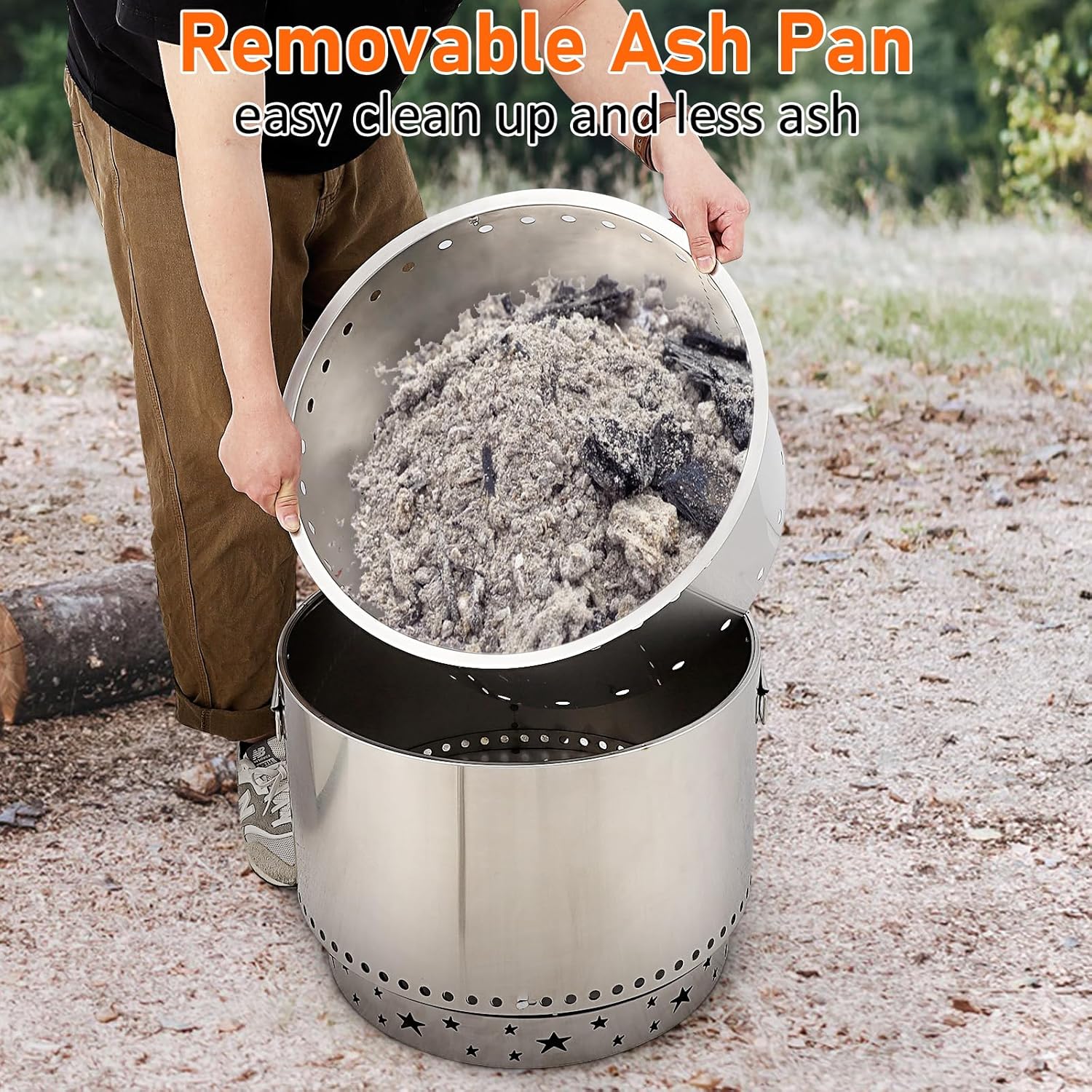 GarveeLife Smokeless Fire Pit 20.5', Portable Fire Pit with Stand, Handles Design, Stainless Steel Stove Wood Burning, Removable Ash Pan, for Camping, Garden, Backyard