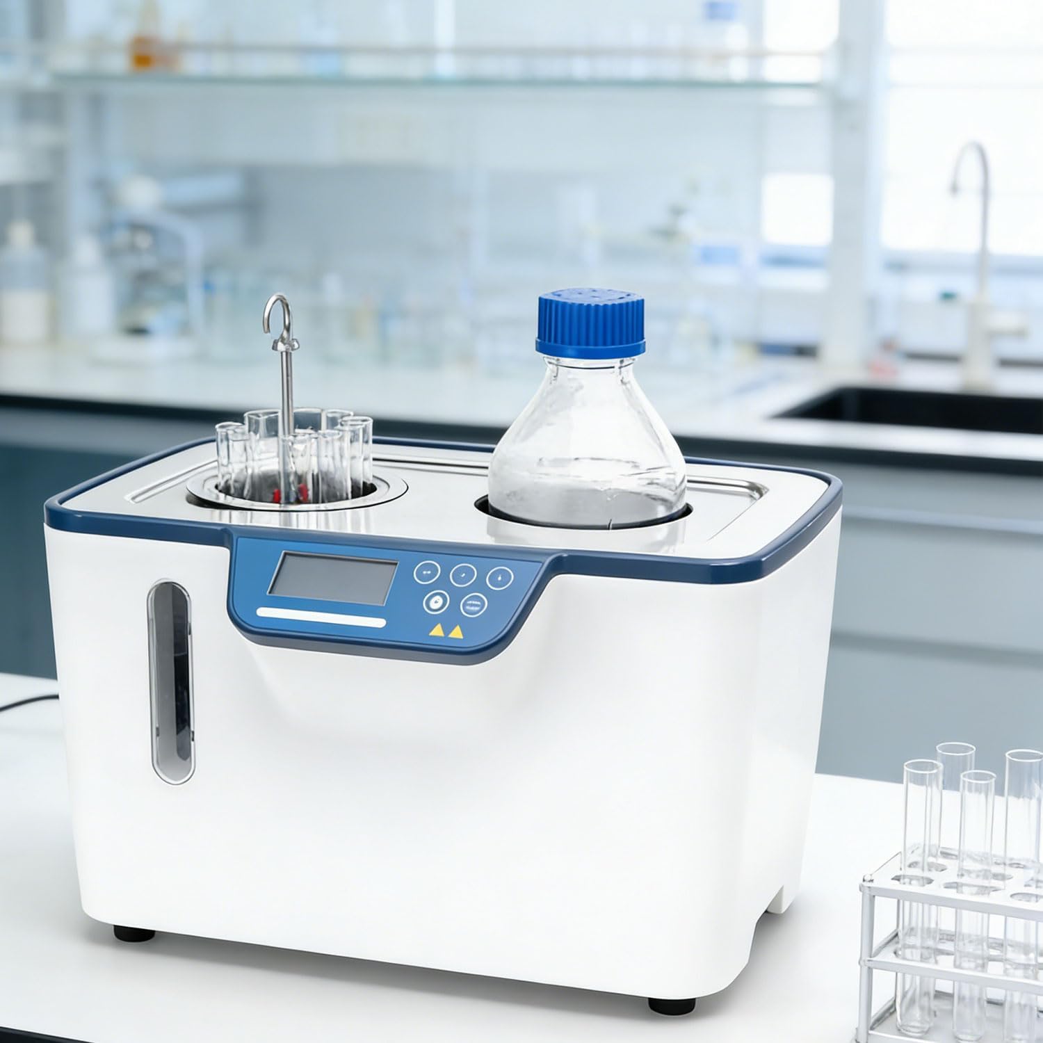 Lab Digital Water Bath, 800W Thermostatic Heating Bath, Stainless Steel Inner Tank 5L, with Timing/Temperature RT-100℃, Anti-Dry Burn Protection, 2 Openings, for Food Testing, Chemical Analysis