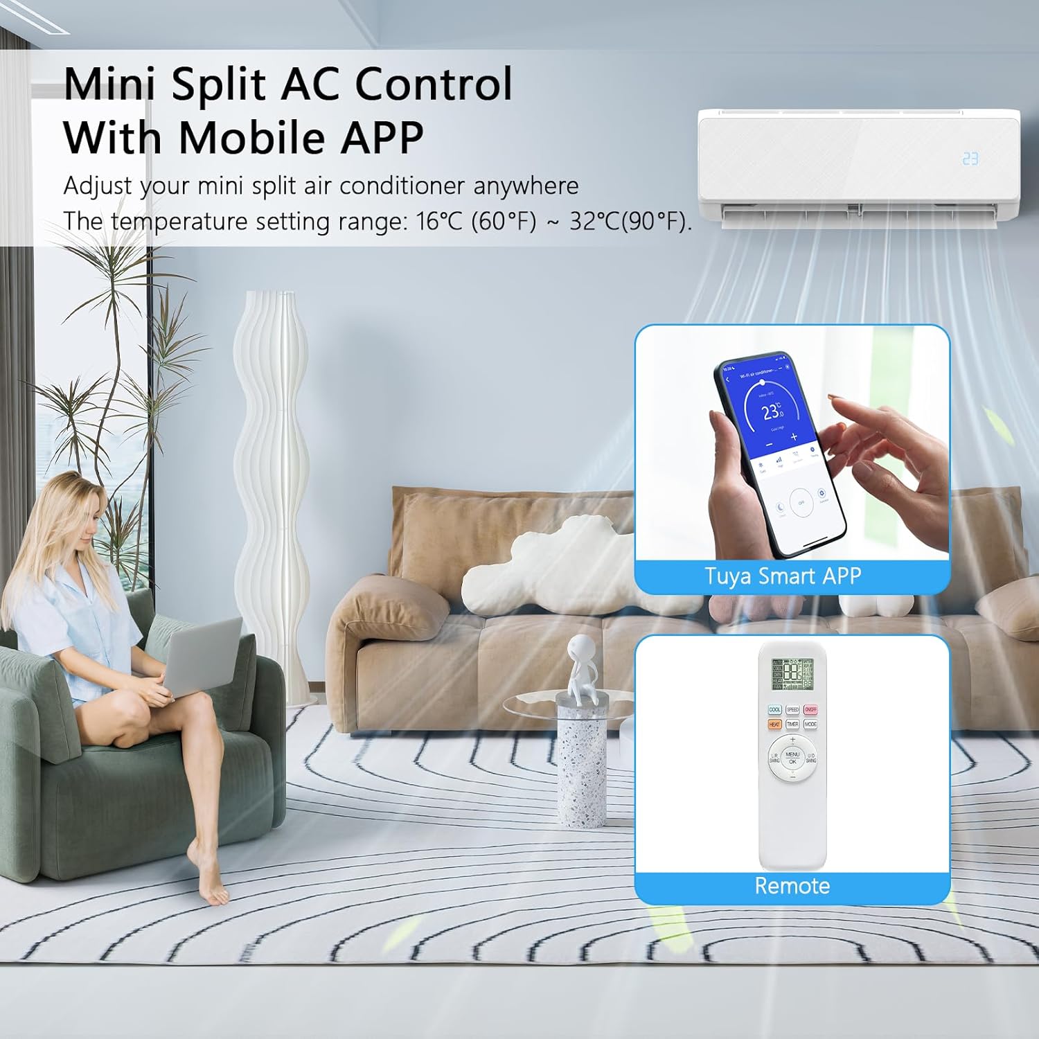 12000 BTU Mini Split Air Conditioner & Heat Pump- Inverter SEER2 22 115V, Energy Star Wi-Fi Smart Control, Quiet, with Child Lock, Self-Cleaning, Cools and Heats Up to 750 Sq.ft, Easy Installation Kit