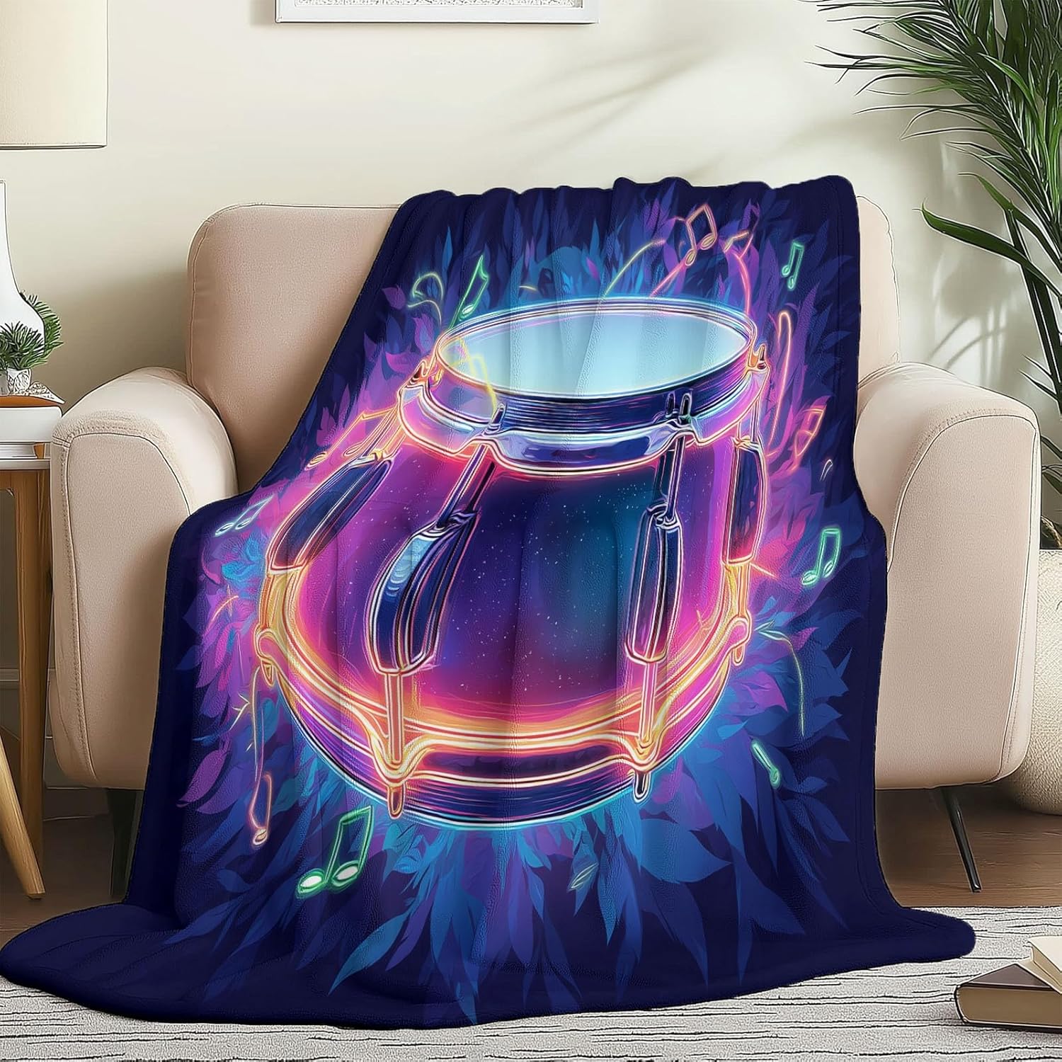 Throw Blanket Size for Couch Dark Blue Bedding Soft Lightweight Plush Drum Set Pattern Blankets, Sofa Bed Office Chair Throws for Boys Girls Modern Music Style Blanket Throws 90