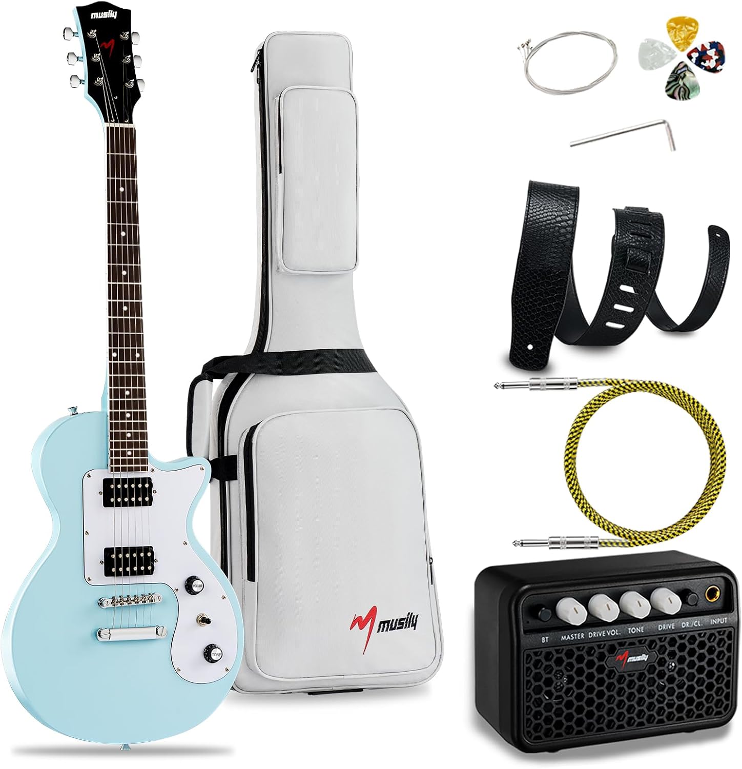 39 Inch Electric Guitar Kit, Beginner Full Size Solid Body Electric Guitar With HH Pickups, Gig Bag, Amplifier, Strap, Cable, Picks, String (Blue+Amp+Bag)