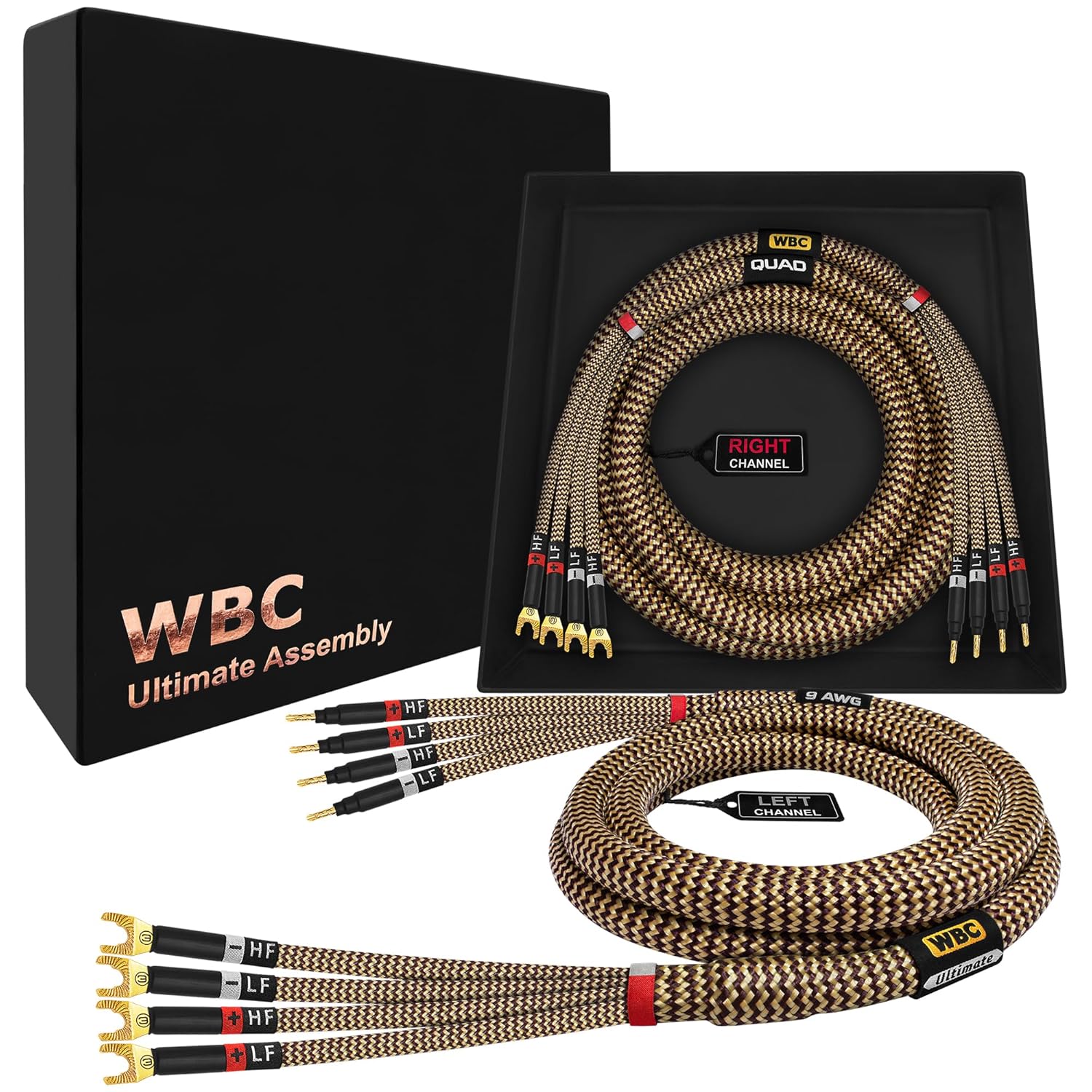 WORLDS BEST CABLES 12 Foot Ultimate - 12 AWG - Ultra-Pure OFC - Premium Audiophile HiFi Bi-Amp Speaker Cable Pair with Eminence Gold Banana (x4) & Spade (x4) Plugs & TnBrwn Tweed Jacket