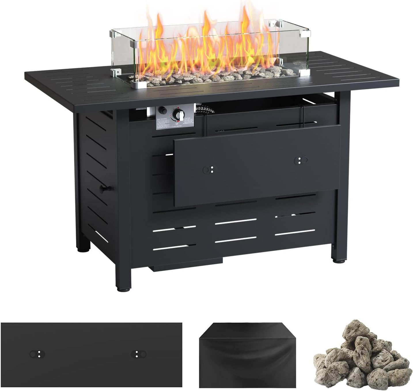 Propane Fire Pit 50,000 BTU Outdoor Gas Fire Table with Waterproof Cover Rectangular Steel Firepit Table with Lid and Lava Rock for Outdoor, Patio, Backyard