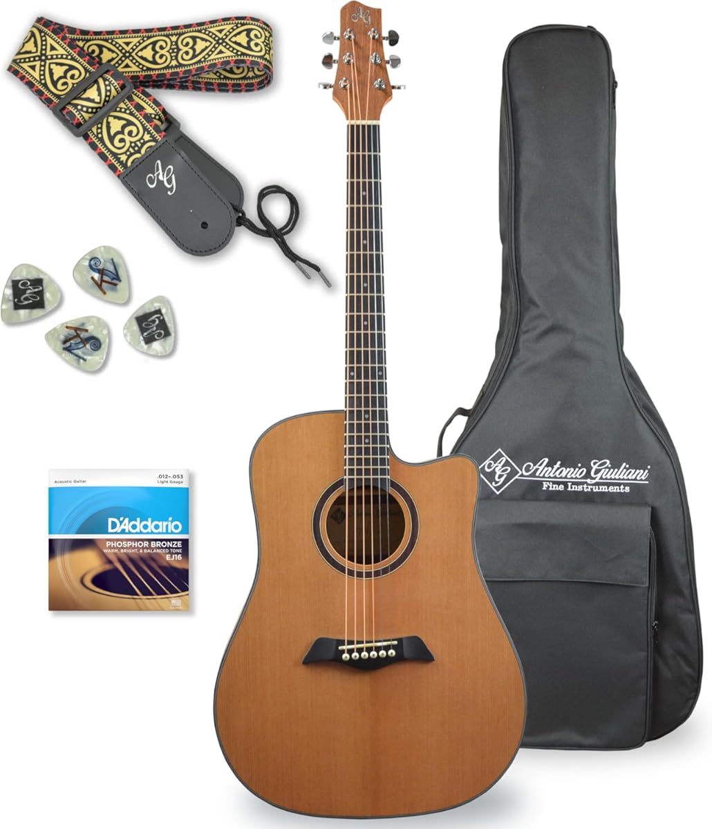 Antonio Giuliani Acoustic Guitar (CLEAR) Bundle (DN-2) - Dreadnought Guitar with Case, Strap, Strings and Accessories