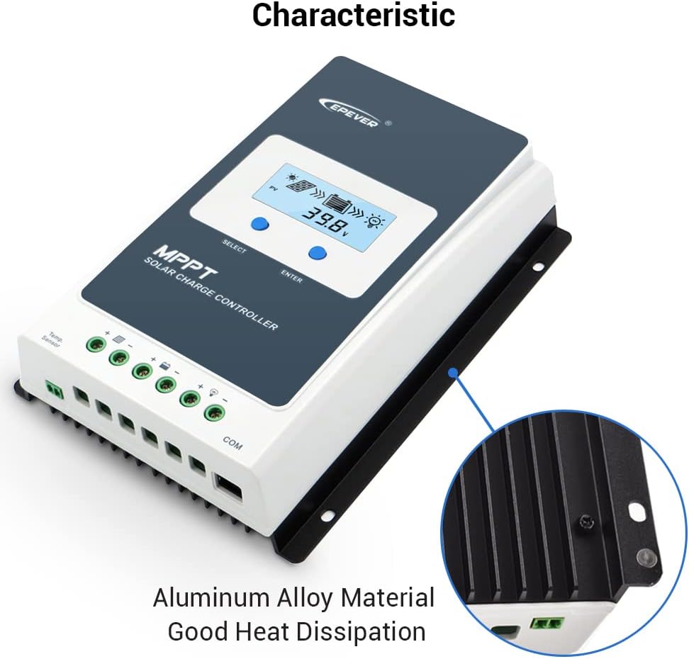 EPEVER 40A Solar Charge Controller MPPT 12V / 24V Auto Max.PV 100V Input Negative Ground Solar Panel Charge Regulator with MT50 Remote Meter Temperature Sensor RTS & PC Communication Cable RS485