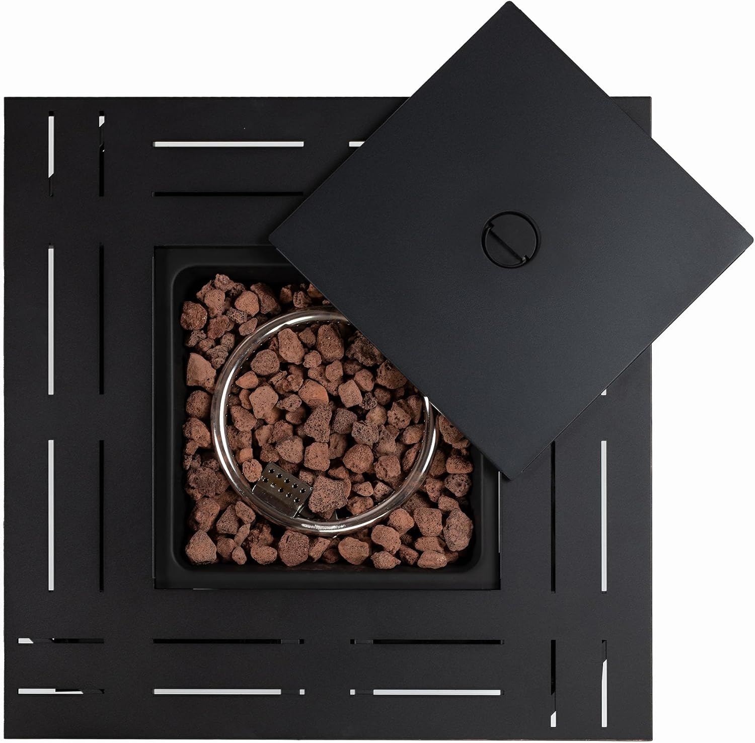 28 Inch Propane Gas Fire Pit Table, 50000 BTU Square Steel Fire Pit with Lid and Lava Rock for Patio, Deck, Garden, Backyard, Black