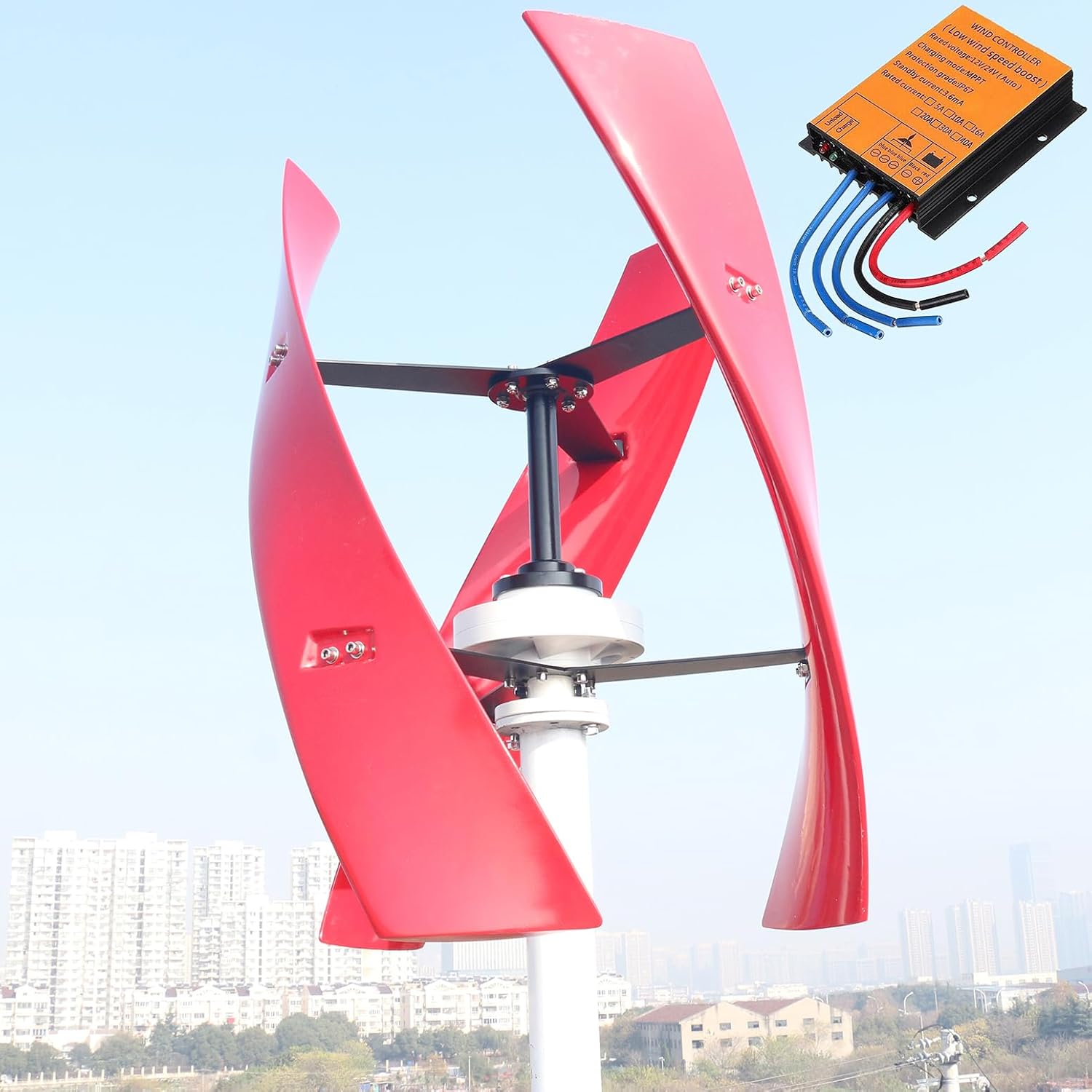 2000W / 2500W Windmill Generator Low Speed 3 Blades Wind Turbine Kit 12V / 24V / 48V Permanent Magnetic Levitation Vertical Axis Wind Power Generator for Home Roof,Red,2500W48V