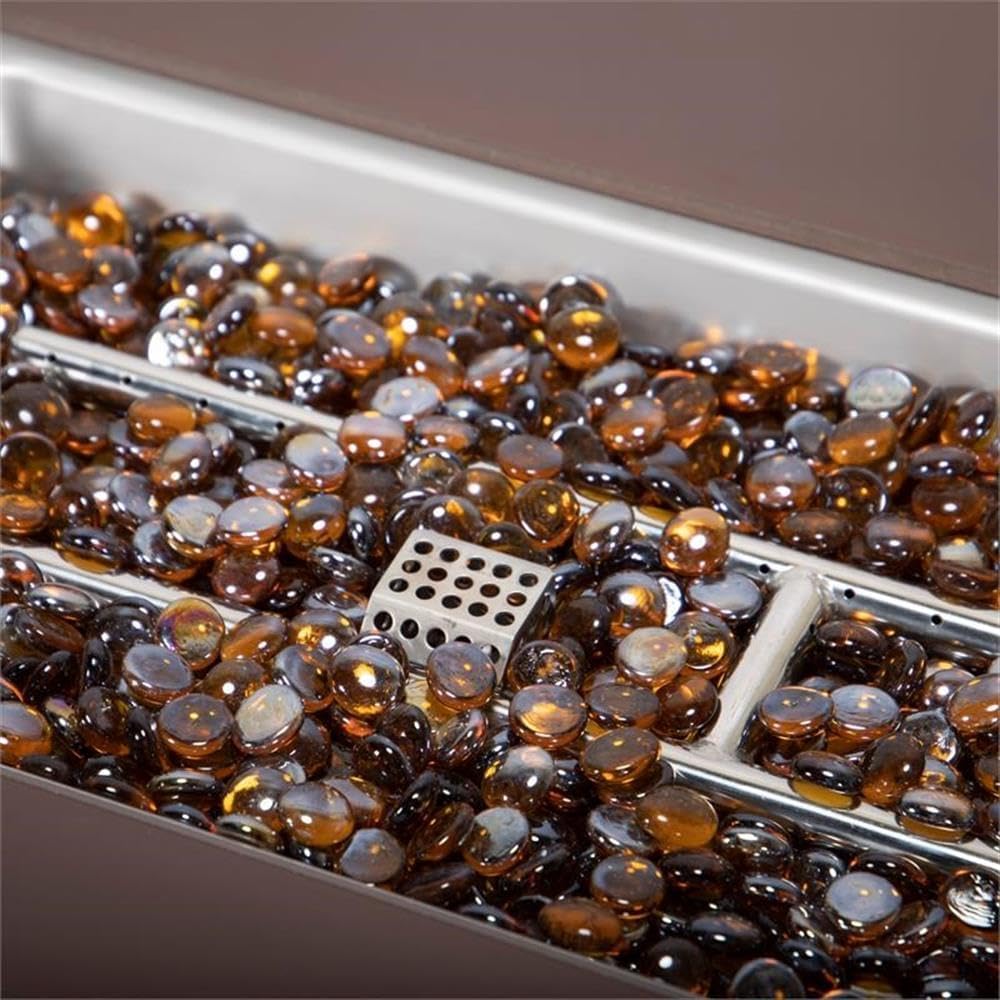 LeisureMod 44-Inch Propane Fire Pit Table, 50,000 BTU Auto-Ignition Gas Fire Pit with Lid, Tempered Glass Wind Guard & Decorative Stones, Light Brown