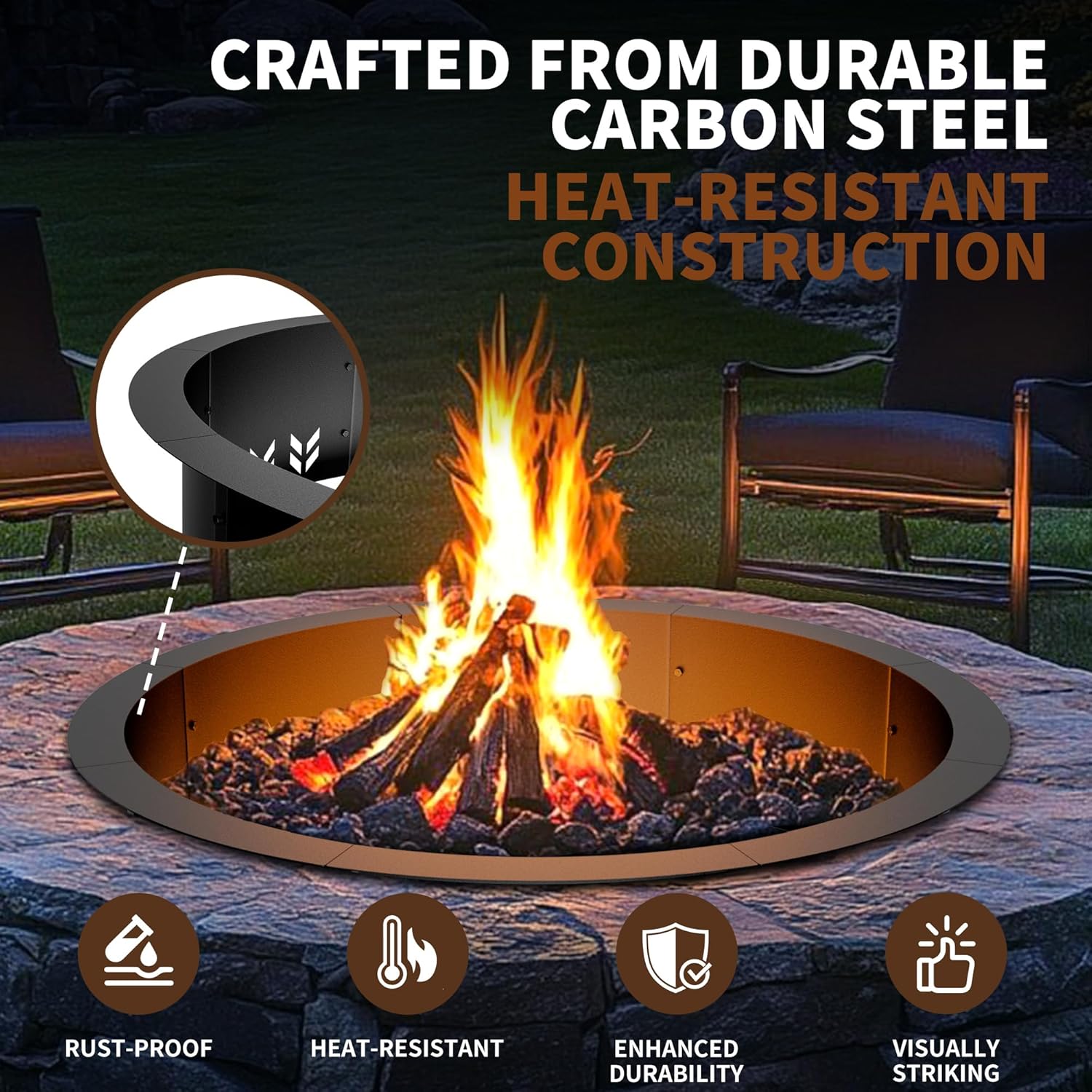 Outdoor Smokeless Fire Pit Ring Insert,30 Inch Inner|36 Inch Outer Diameter, Heavy Duty Metal Round Fire Ring for Outside Wood Burning, Black