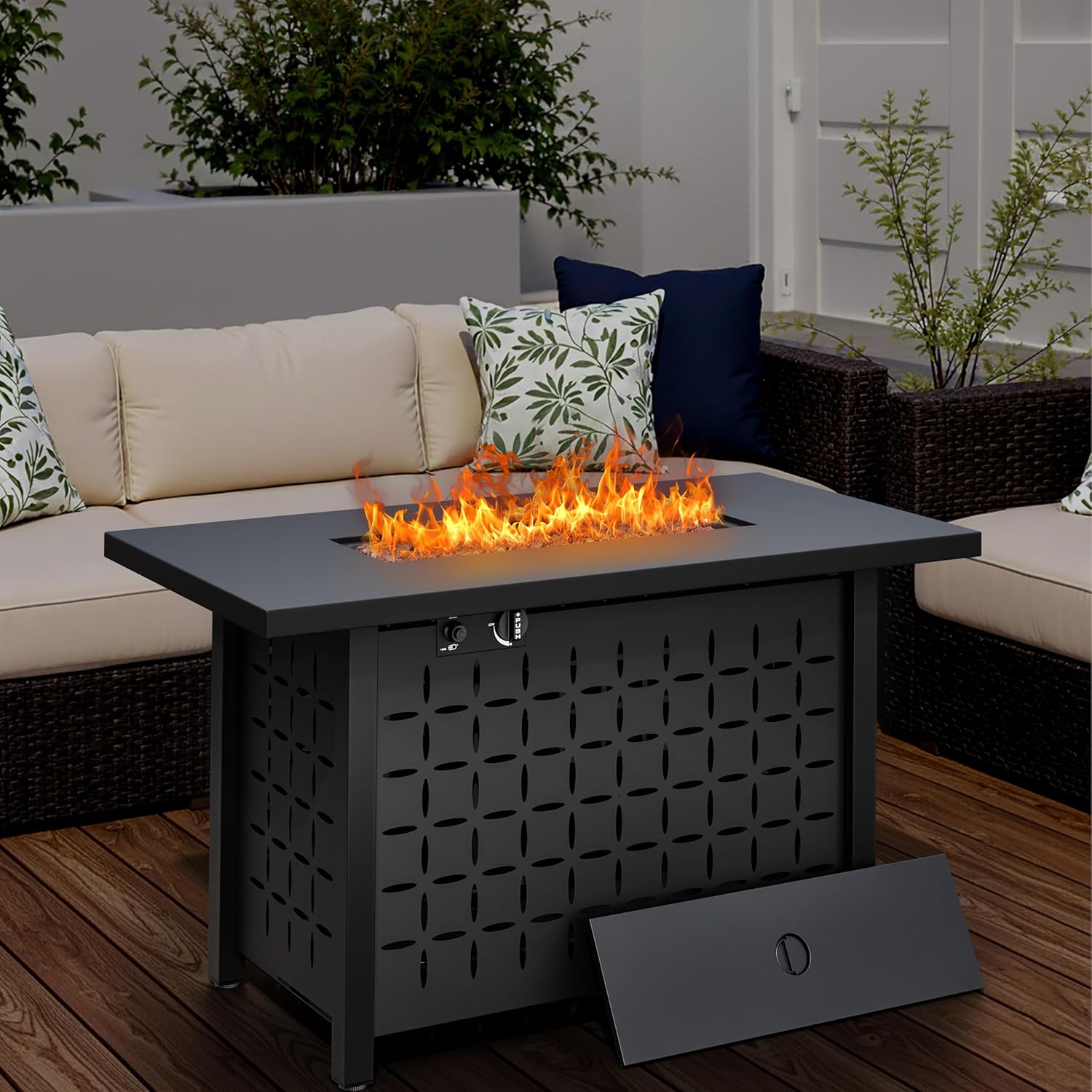Walsunny 43 Inch Propane Fire Pit Table, Outdoor Fire Pit 50,000 BTU Gas Fire Pit Table, Fire Pits with Lid and Lava Rock for Outside, Patio, Garden, Yard