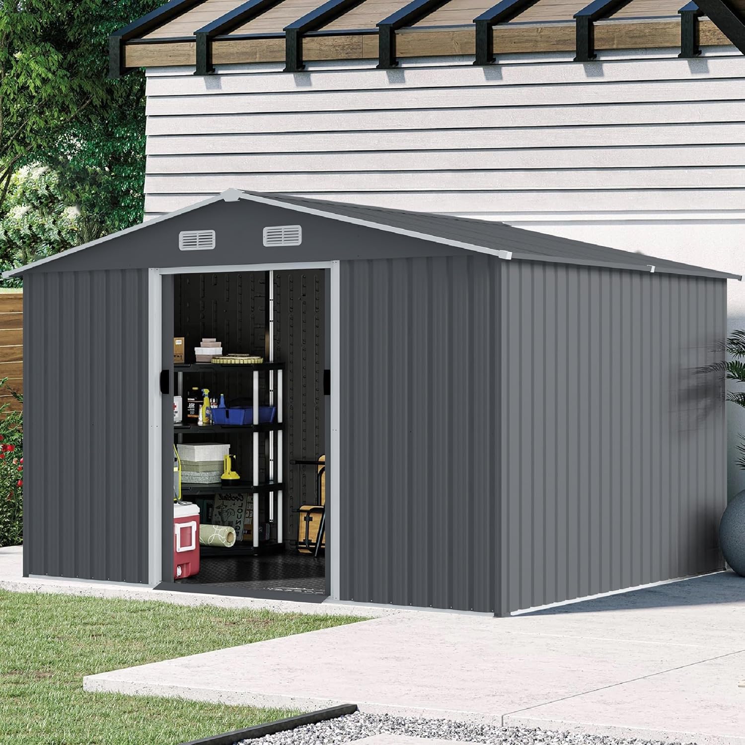 KEIKI 8X 10 FT Metal Storage Shed Outdoor, Large Garden Shed with Roof & Lockable Door, Utility Tool Sheds Frame & Air Vent for Patio Backyard Bicycles Storage House, All Weather Use, Grey