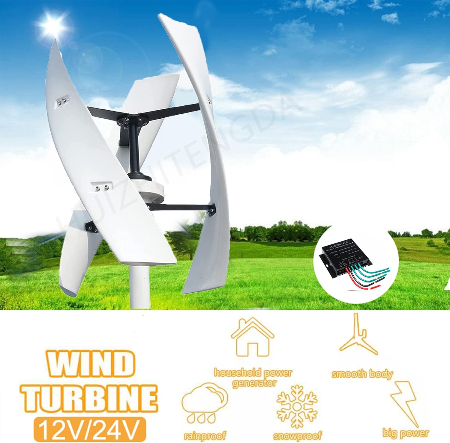 12000W Low Noise Small Portable Vertical Wind Turbine,12V-220V Permanent Maglev Wind Turbine Generator with MPPT Controller (White)