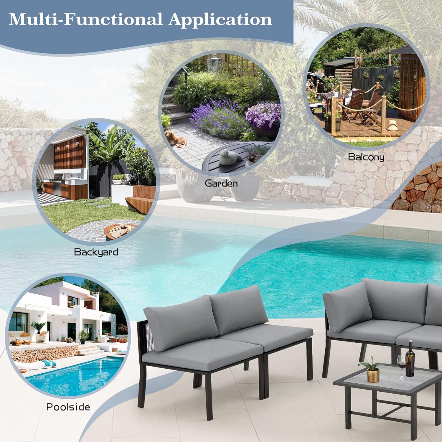 AECOJOY 7 Pieces Patio Furniture Set, Metal Mesh Fabric Outdoor Conversation Sets with Cushions and Wooden Table, Metal Outdoor Sectional Furniture for Garden Backyard, Balcony, Lawn(Grey)