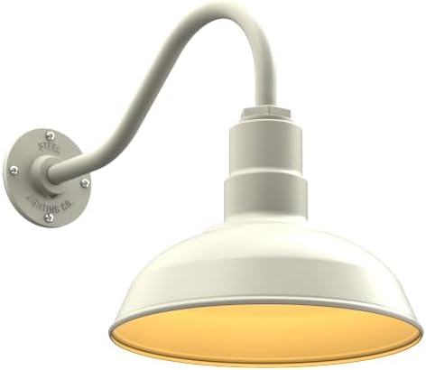 Steel Lighting Co. | Dusk to Dawn | Westchester Barn Light | Outdoor Wall Mounted | 12 inch Dome | 16 inch Gooseneck| Warehouse Steel Light Made in America | Cream/Brass