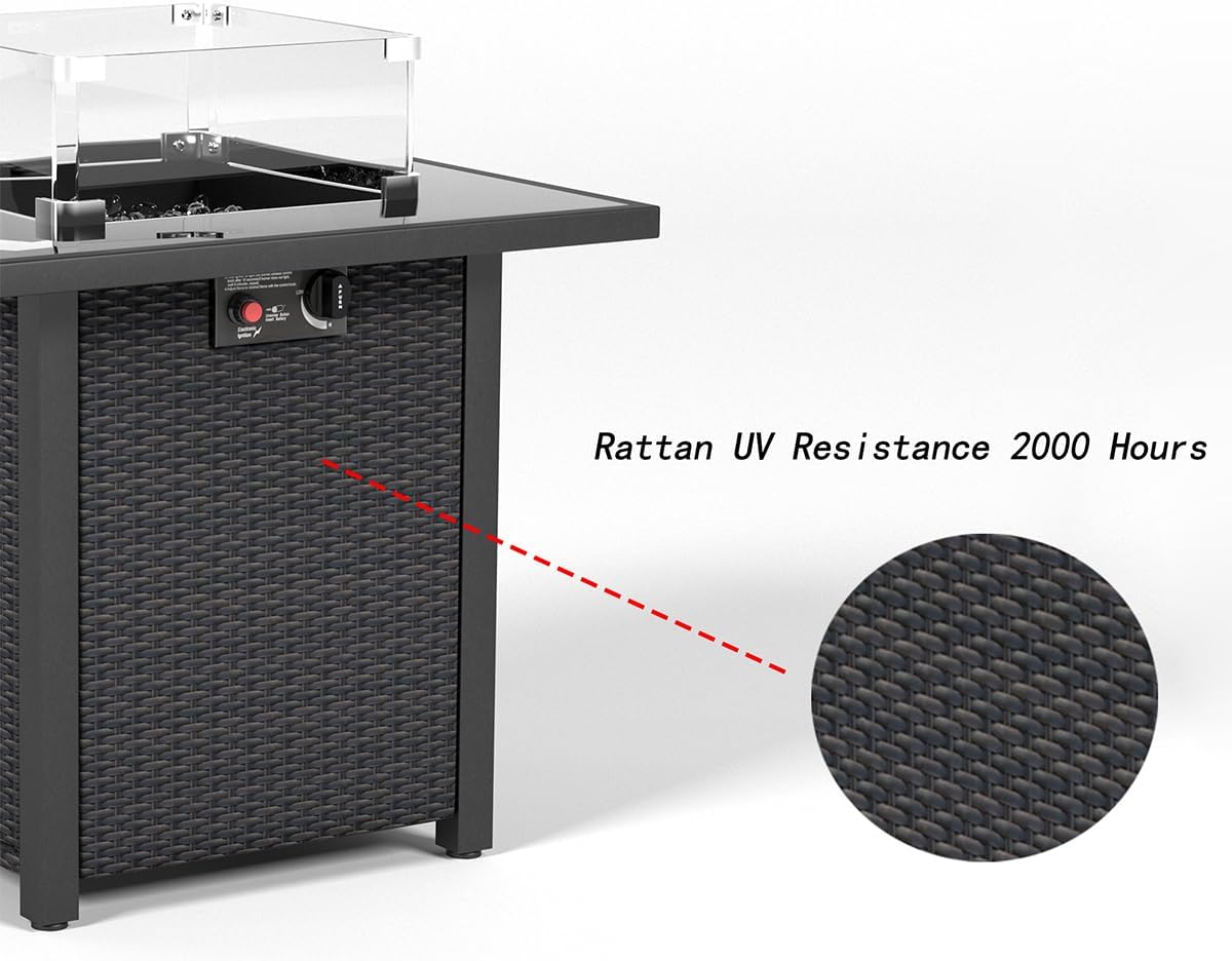 28 Inch Propane Fire Pit Table, Rattan Wicker Look, 50000 BTU Gas Firepits Tempered Glass Tabletop with Glass Windscreen Protector for Outside Patio and Garden(Coffee)