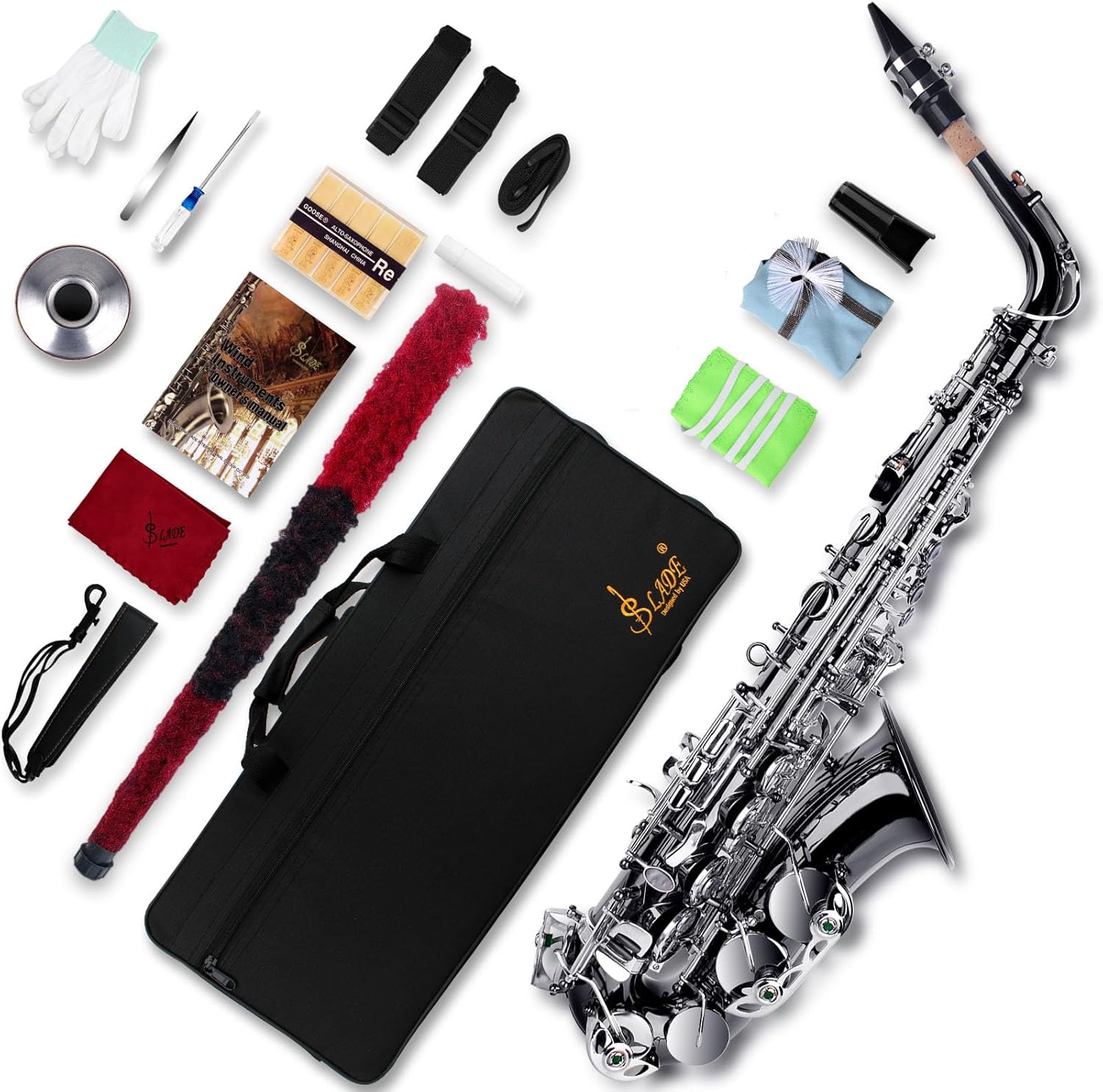 SLADE Eb Alto Saxophone for Beginner Students, Adult, Black & Silver