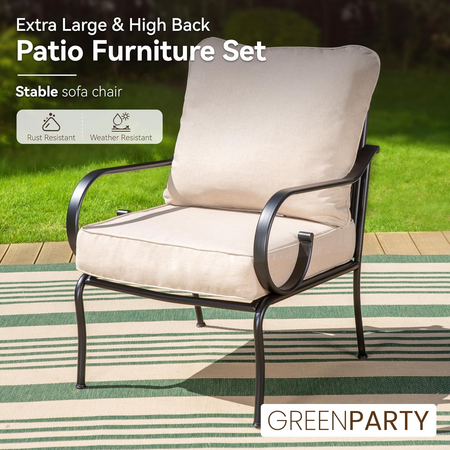 6-Pieces Metal Patio Furniture Sets, Outdoor Sectional Patio Conversation Set with Fire Pit Table, ALL Weather Black Metal Patio Sofa Set with Beige Cushions for Deck,Lawn,High Back,Swivel Chair