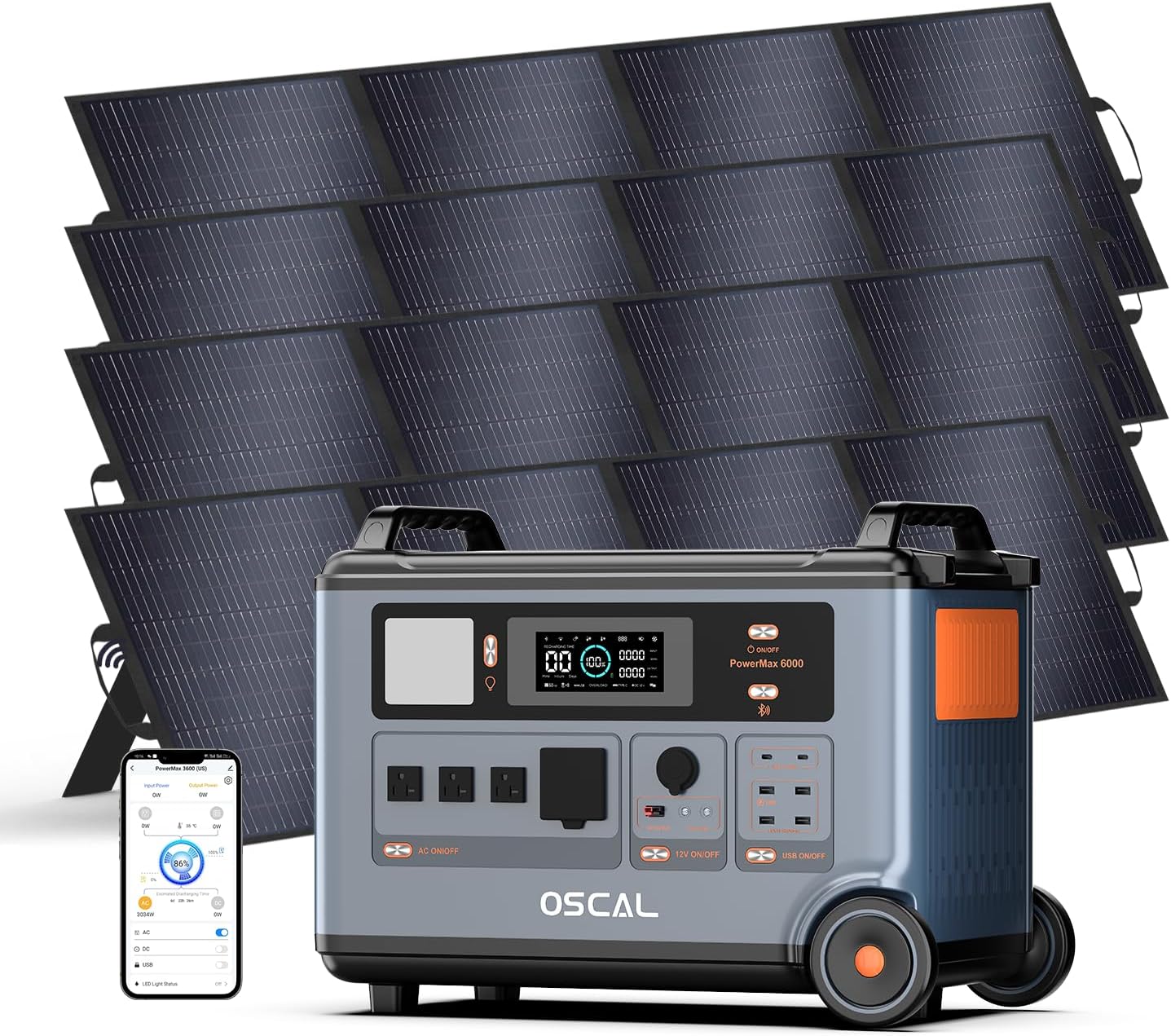 OSCAL PowerMax 6000 Solar Generator with 4x200W Solar Panel, 120V/240V 3600Wh Power Station 6000W AC Outlets (9000W Peak), 2200W AC Charging/2400W Solar Charging, Home Battery Backup for Emergency