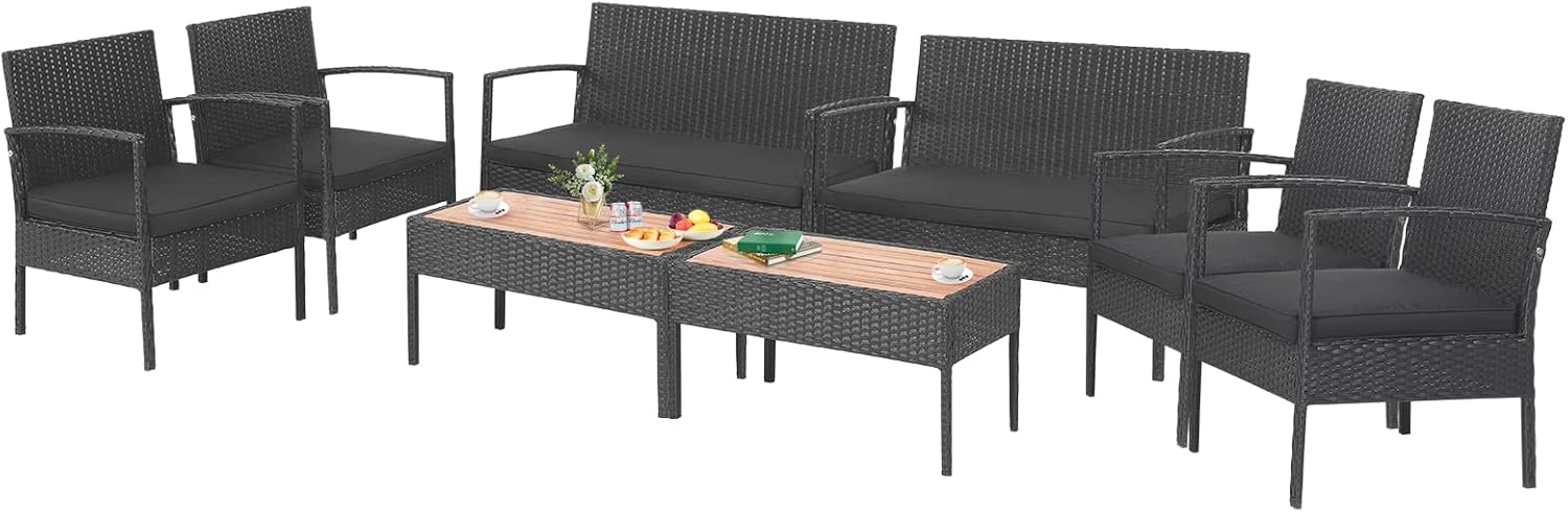Tangkula 8 Piece Patio Rattan Conversation Set, Outdoor Wicker Sofa Furniture with Loveseat & 2 Single Chairs, Acacia Wood Tabletop, Outside Sectional for Poolside, Deck, Garden (2, Black)