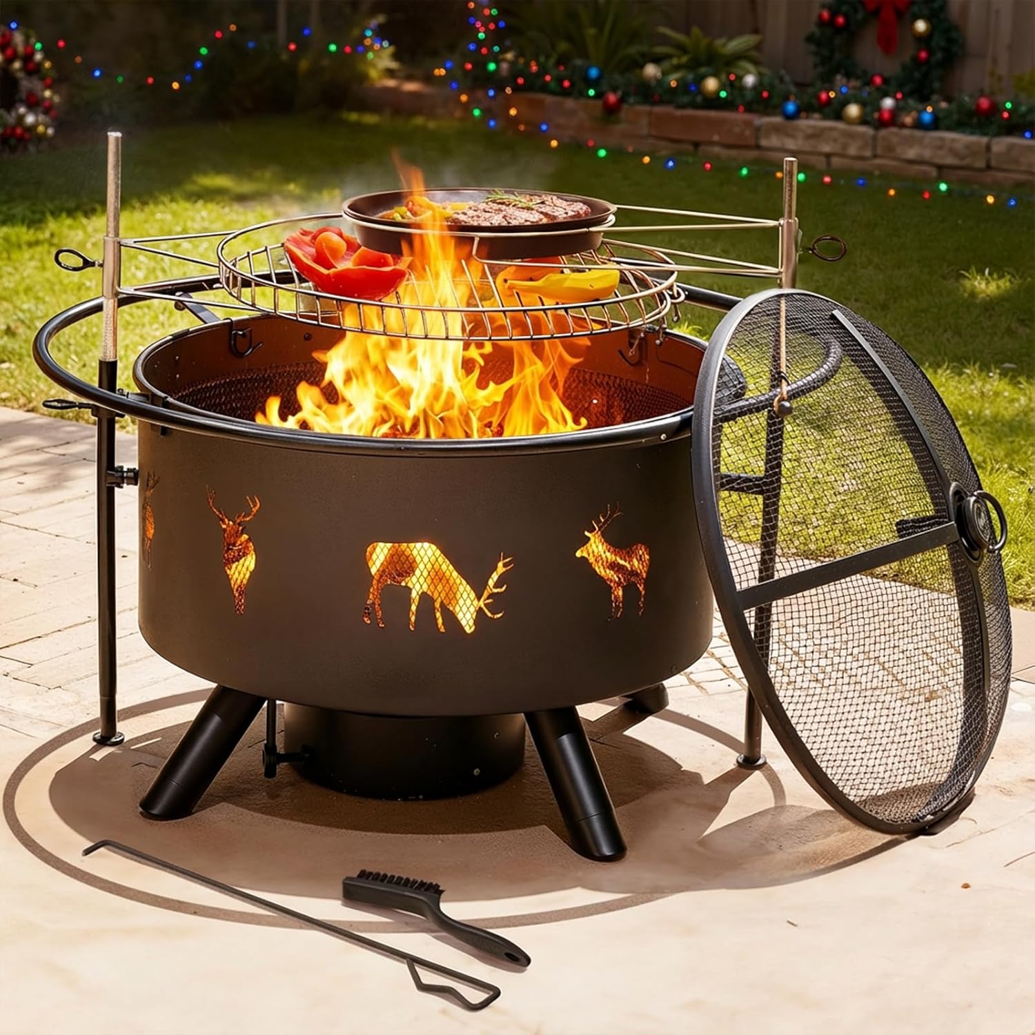 NATURAL EXPRESSIONS 32 Inch Outdoor Fire Pit, Wood Burning Fire Pits with 2 Grills, Poker, Brushes, Ash Pan, Mesh Cover, Waterproof Cover, Charcoal Fire Pit for BBQ, Patio, Bonfire, Heat&Cook