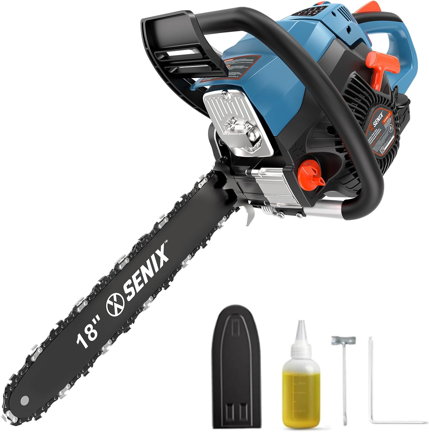 SENIX 4-Cycle 18-Inch Gas Chainsaw | 49cc Cordless Chain Saw for Wood Cutting, Tree Trimming, Farm & Home Garden Use | No Fuel Mixing, Automatic Oiler & Quick Start Engine