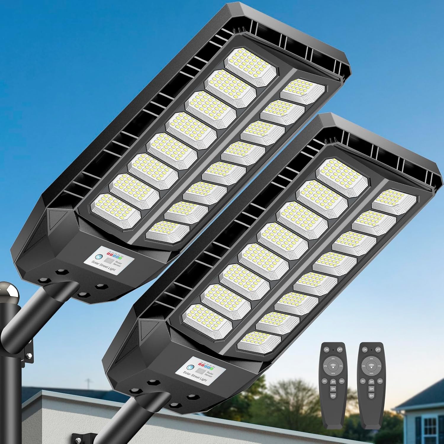Deepn Solar Street Light, 8000W Commercial Grade Street Lights, Waterproof Solar Parking Lot Lights Dusk to Dawn Outdoor Lighting LED Security Flood Motion Sensor and Remote Control, 2 Pack