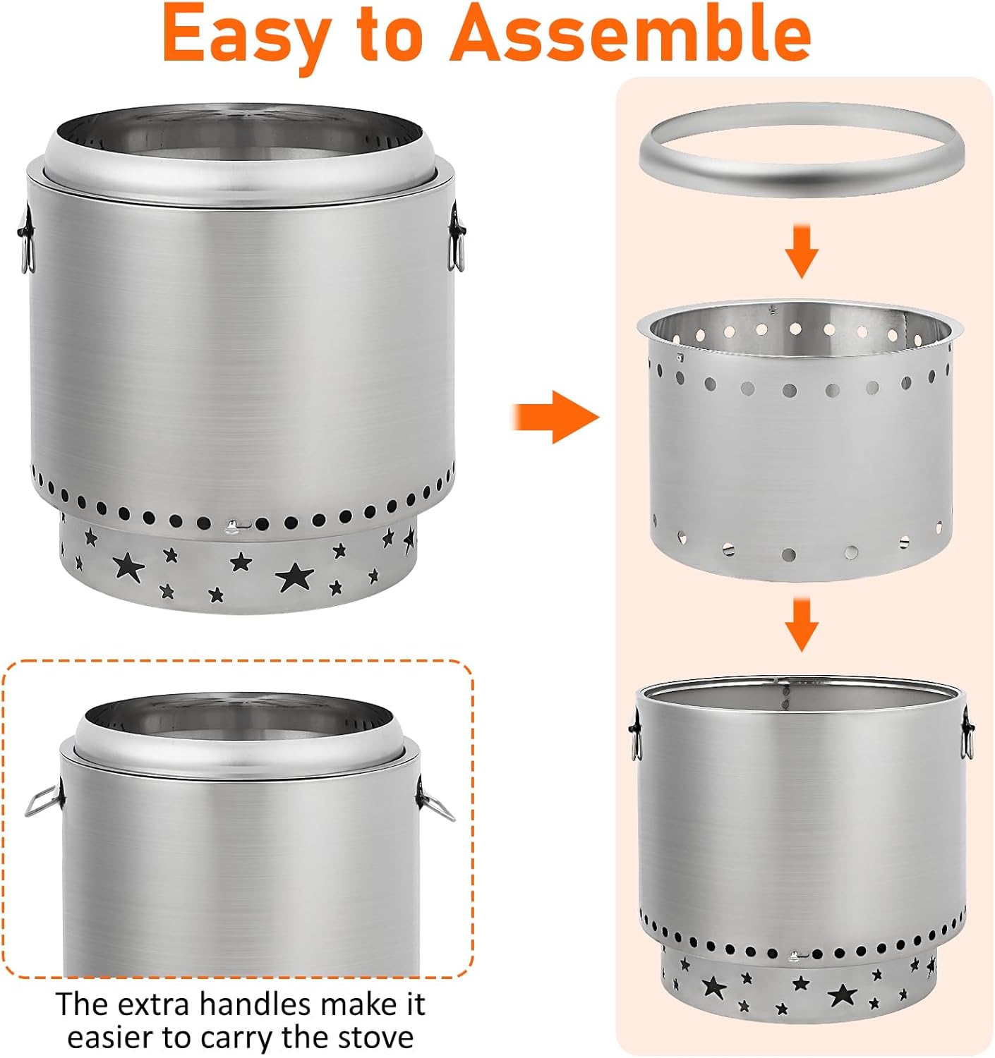 GarveeLife 16.5 in Protable Smokeless Fire Pit, Fire Pit with Handles Design, Stainless Steel Stove Wood Burning, Removable Ash Pan, Ideal for Camping, Garden