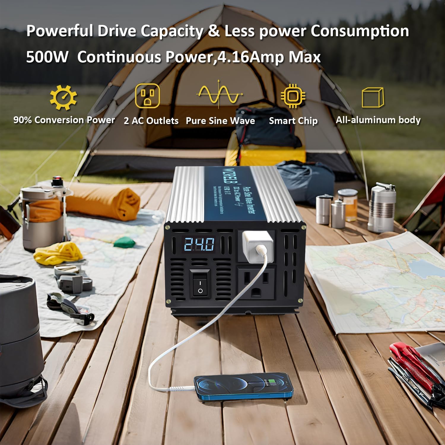 WZRELB 500W Pure Sine Wave Inverter 24V DC to 110V 120V AC Power Converter with LED Display, Off-Grid Portable Power Inverter with 2 AC Outlets for Home, RV, Truck, Camping