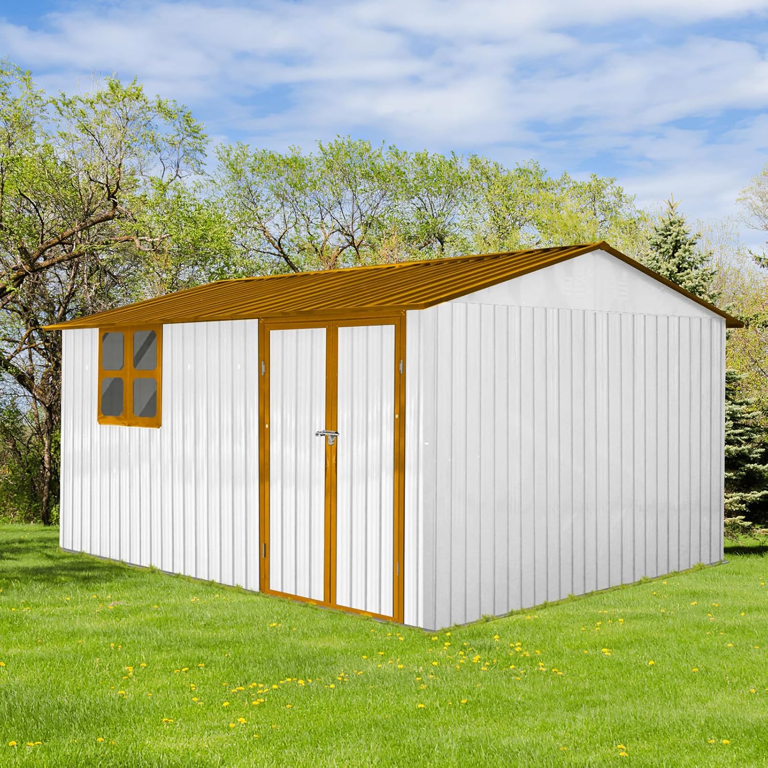 10x12 ft Outdoor Metal Storage Shed with Window, Aluminum Frame and Galvanized Steel Plate Tool Shed with Lockable Door, Air Vent, Waterproof Garden Storage House for Backyard (Yellow/White)