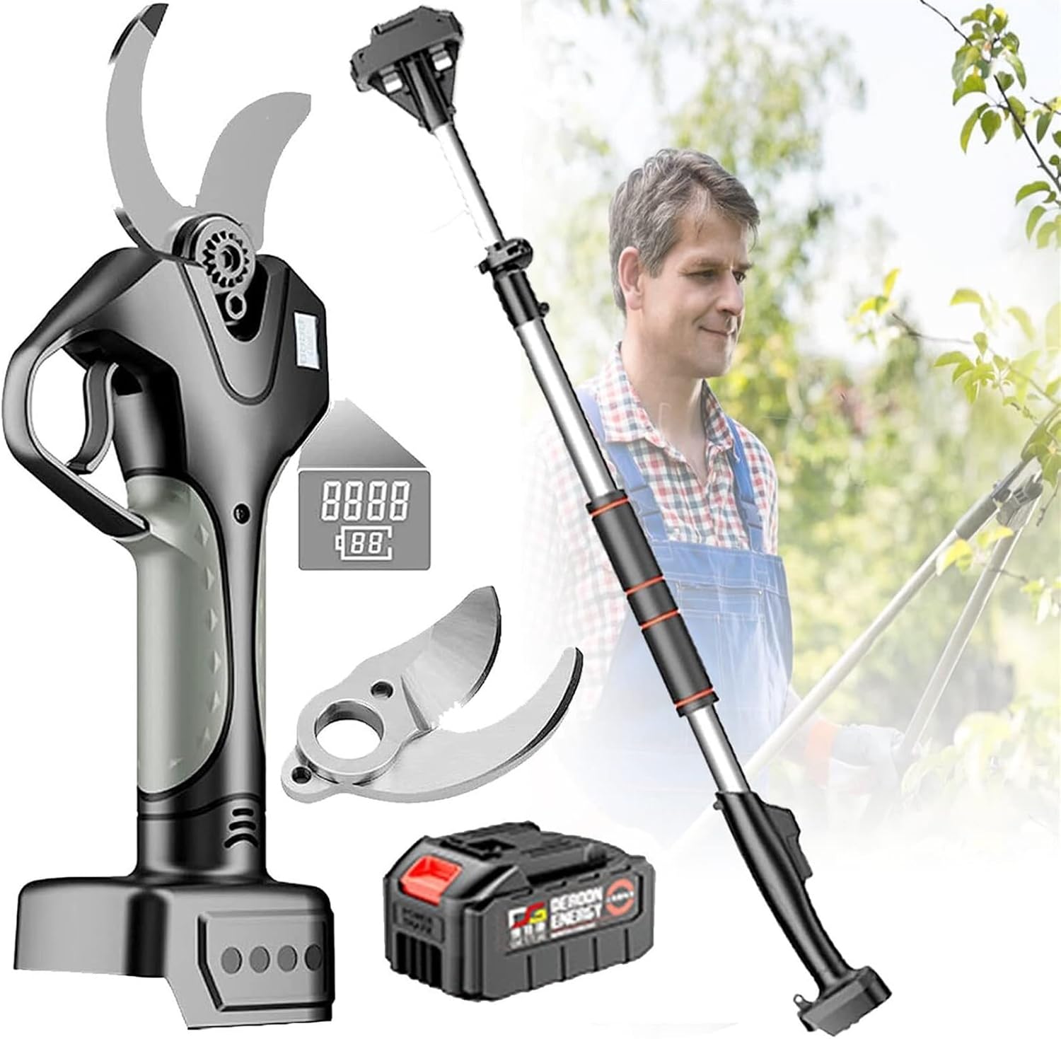 Extendable Tree Pruning Pruner 21V Cordless Electric Pruning Shears, 45mm/1.8inch Cut Electric Pruner Battery Powered,with Extension Pole, LCD Display Screen,3Battery